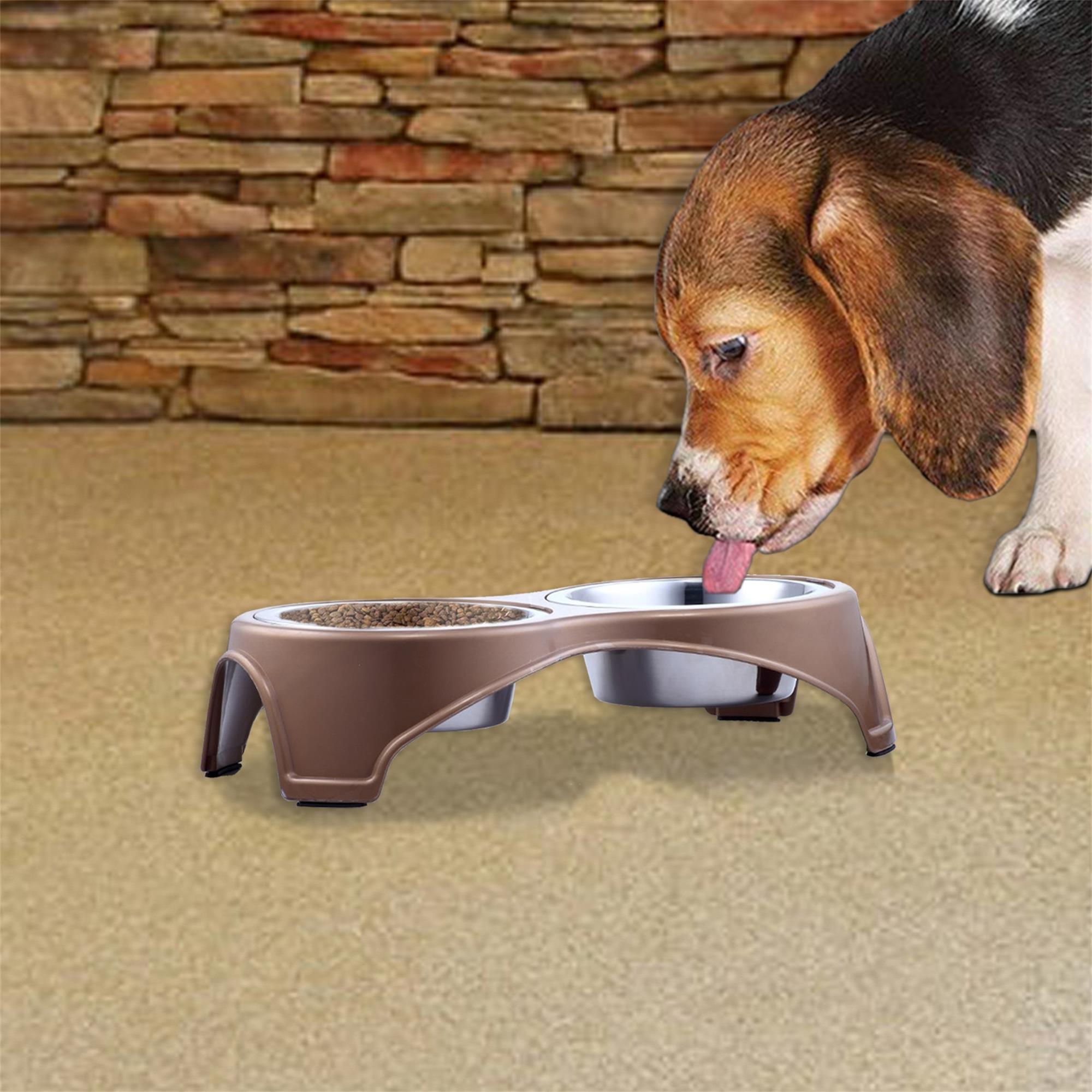 Pefilos 11.8 oz Plastic Framed Double Diner Pet Dog Bowl in Stainless Steel for Small Medium Dogs Cats, Gold M