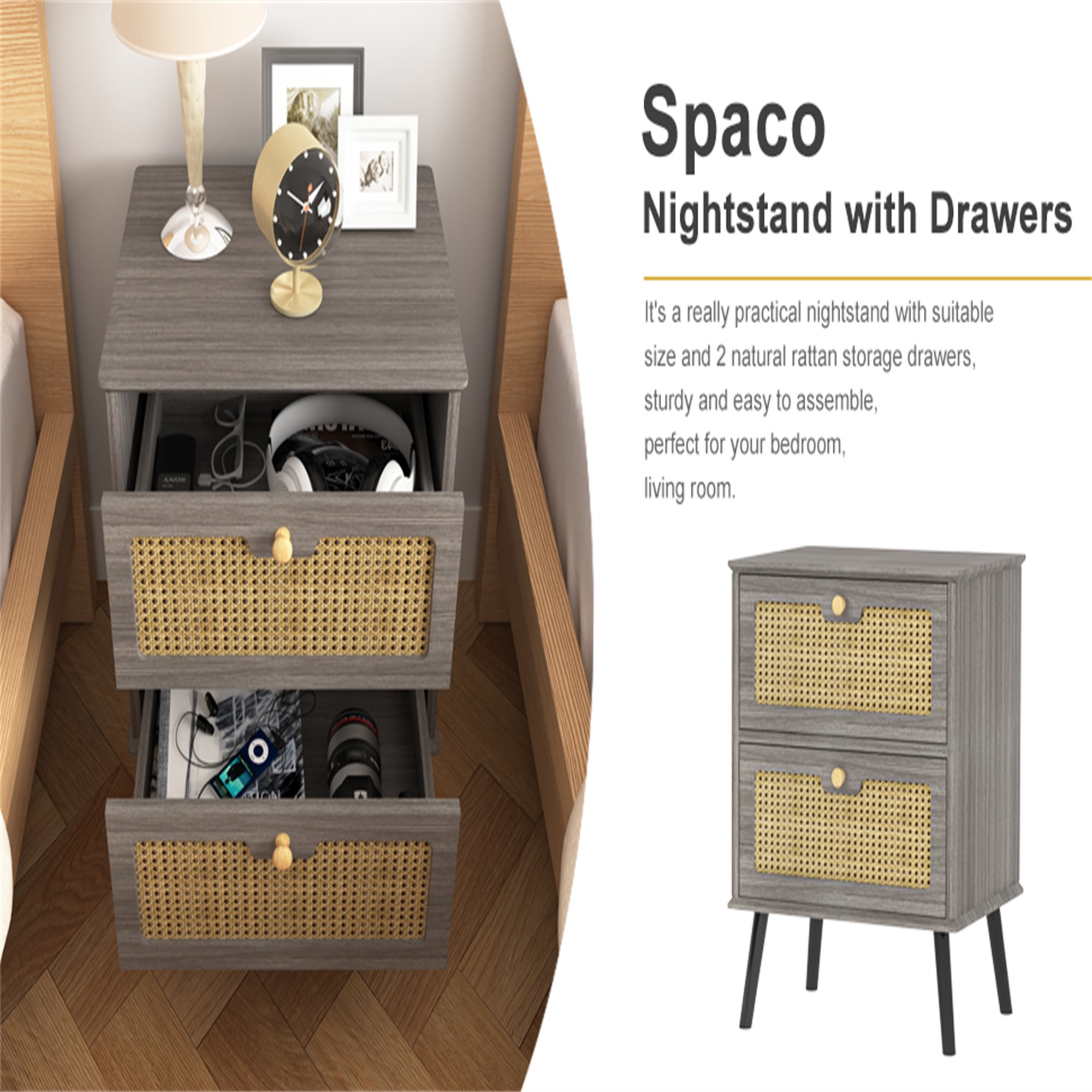 Spaco Rattan Night stand with Drawers, Bedroom Nightstand Bedside Table, Gray