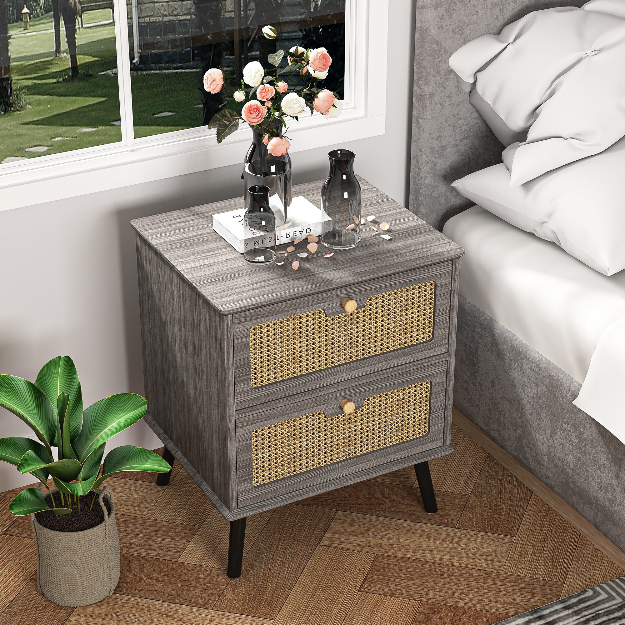 Spaco Rattan Night stand with Drawers, Bedroom Nightstand Bedside Table, Gray