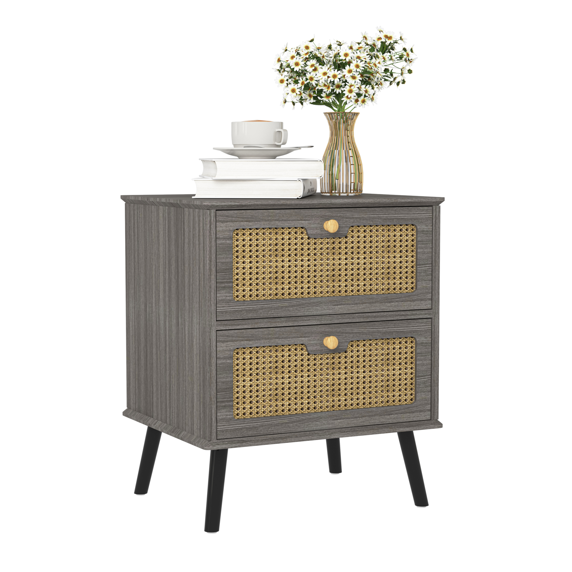 Spaco Rattan Night stand with Drawers, Bedroom Nightstand Bedside Table, Gray