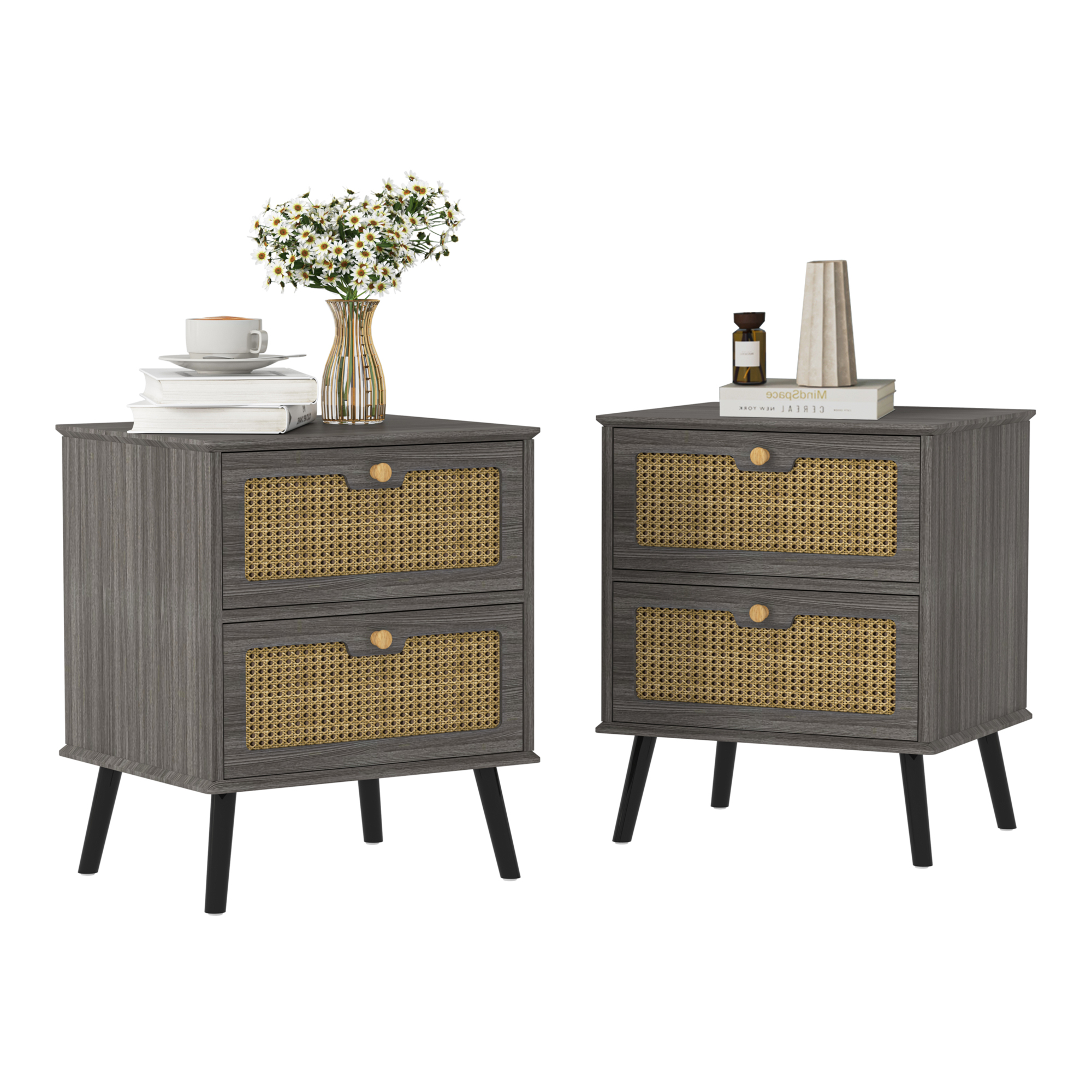 Spaco Rattan Night stand with Drawers, Bedroom Nightstand Bedside Table, Gray