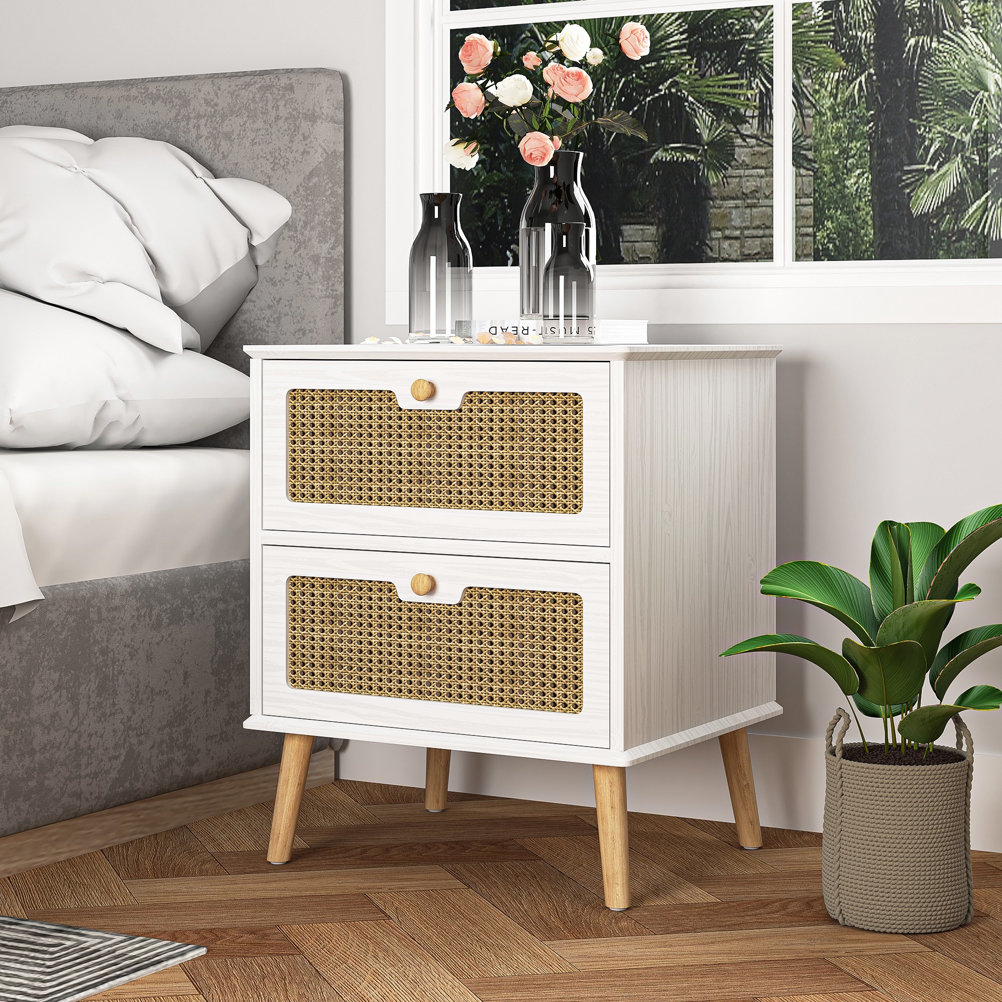 Spaco Rattan Night stand with Drawers, Bedroom Nightstand Bedside Table, White