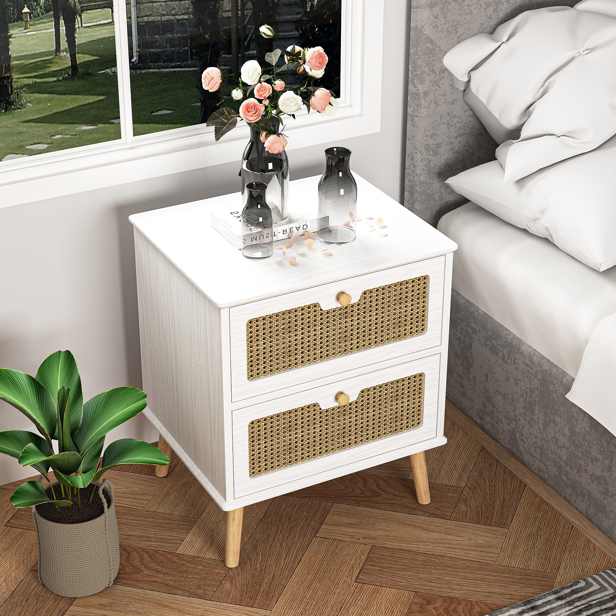 Spaco Rattan Night stand with Drawers, Bedroom Nightstand Bedside Table, White