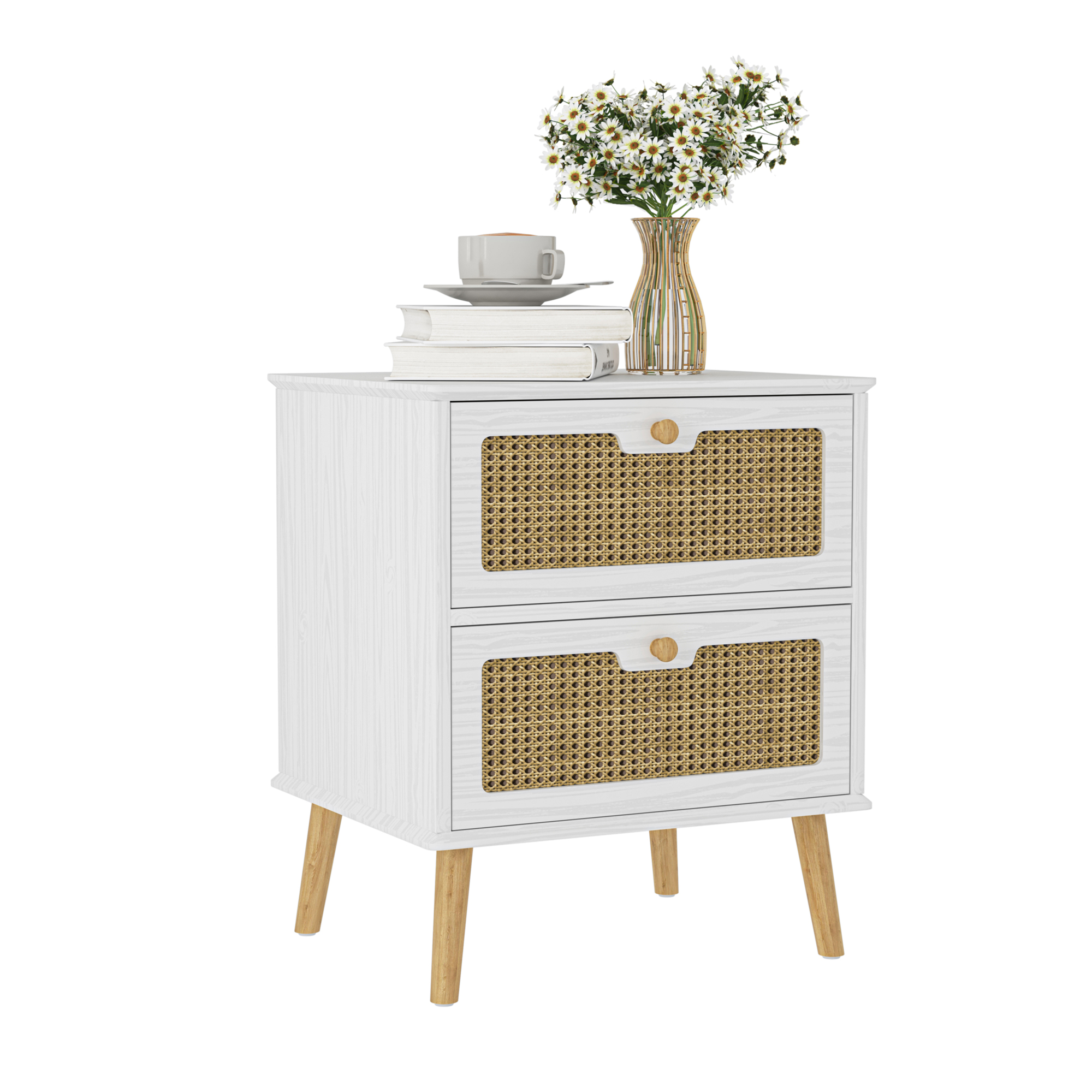 Spaco Rattan Night stand with Drawers, Bedroom Nightstand Bedside Table, White