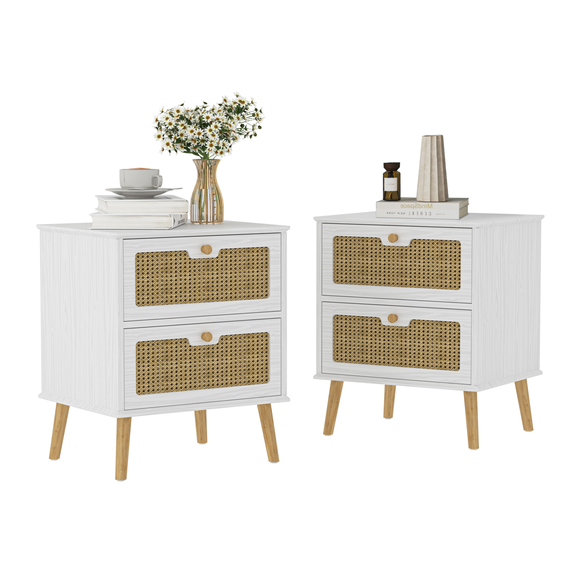 Spaco Rattan Night stand with Drawers, Bedroom Nightstand Bedside Table, White