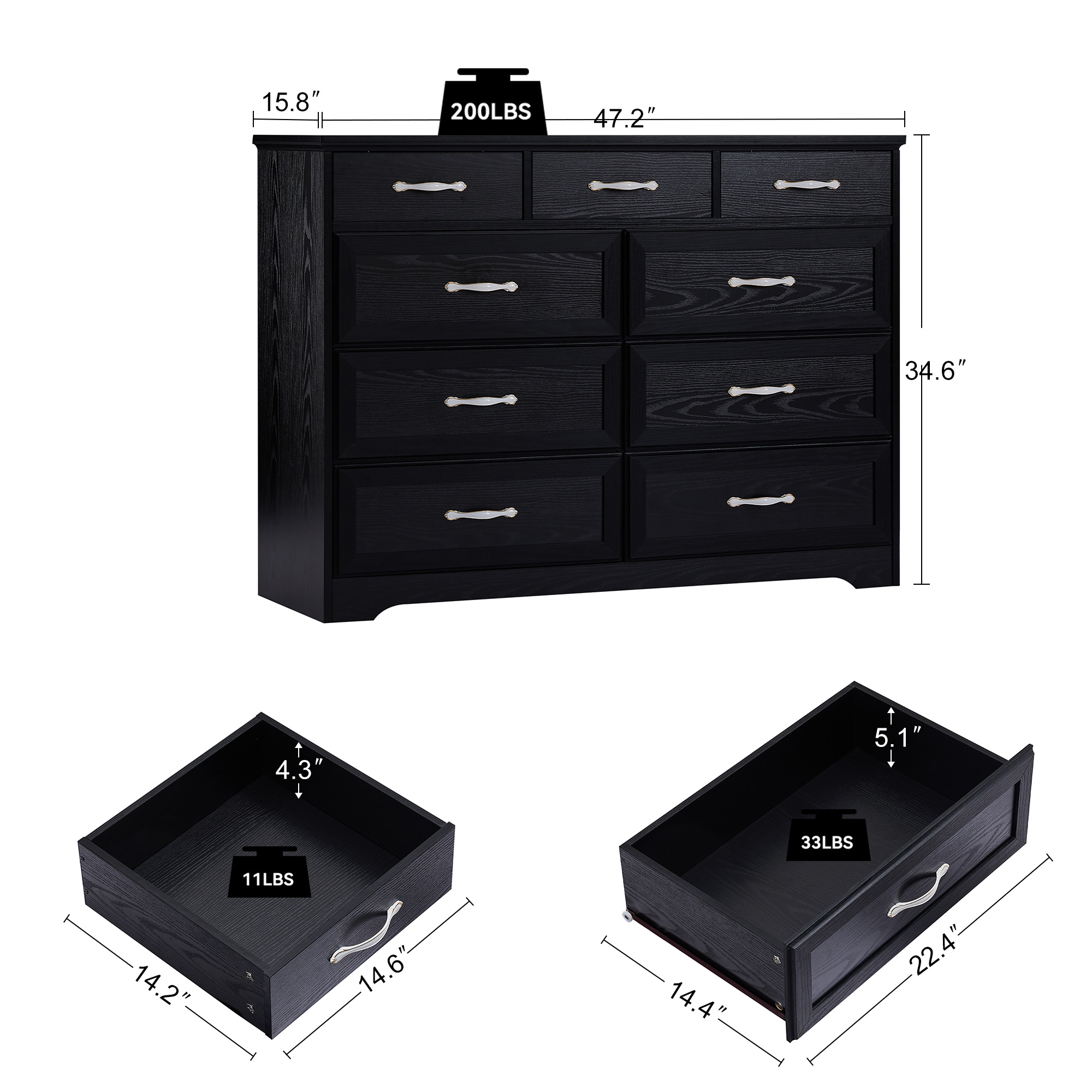 Spaco Dresser for Bedroom 9 Drawers Dresser Chest of Drawer Bedroom Furniture, Black Dresser