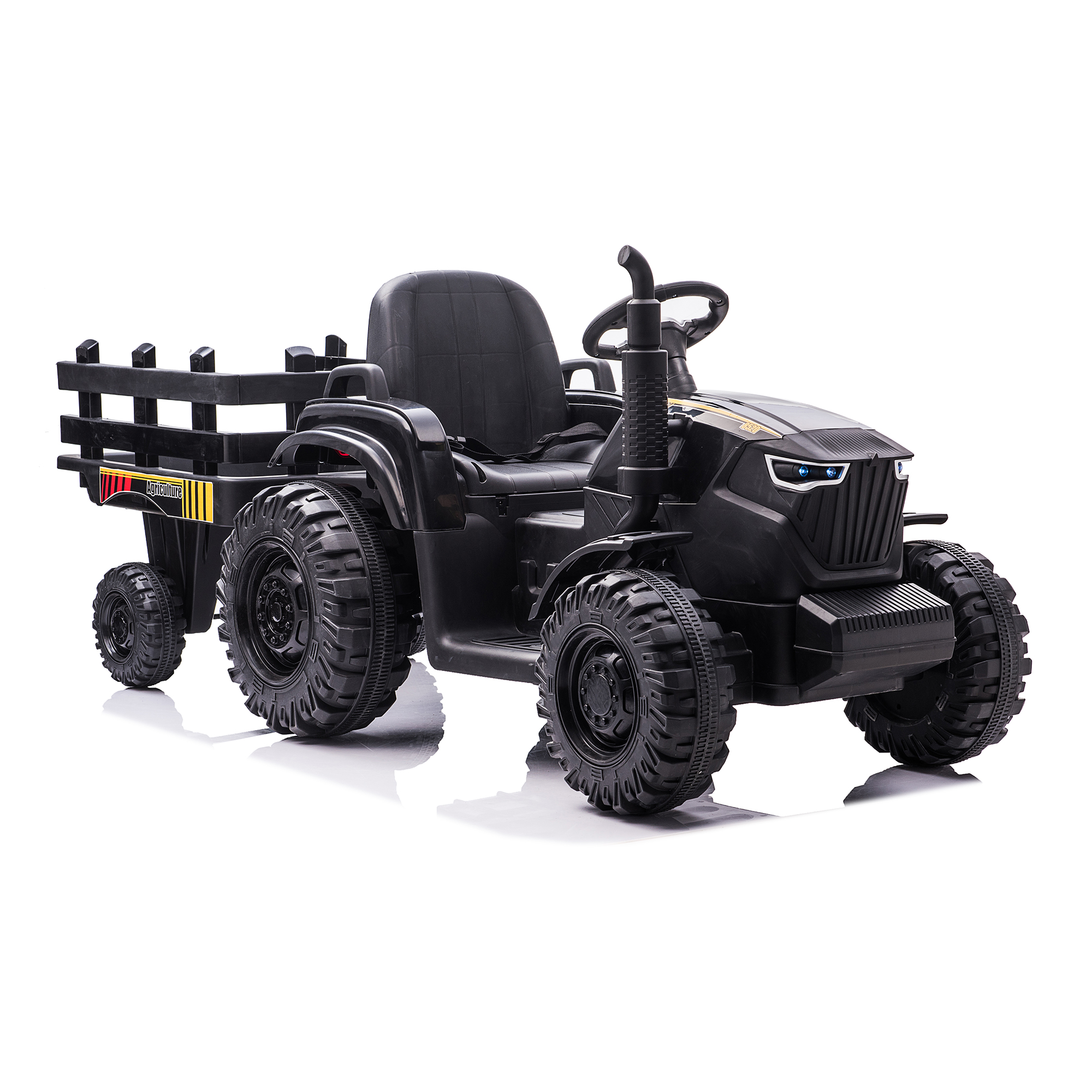 CIPACHO 24V Tractor Double Drive Kids Ride On Car with Trailer, Electric Car for Kids Key Start, Forward and Backward, Tractor Sound (No Music), USB, MP3, Power Display, Volume, Black