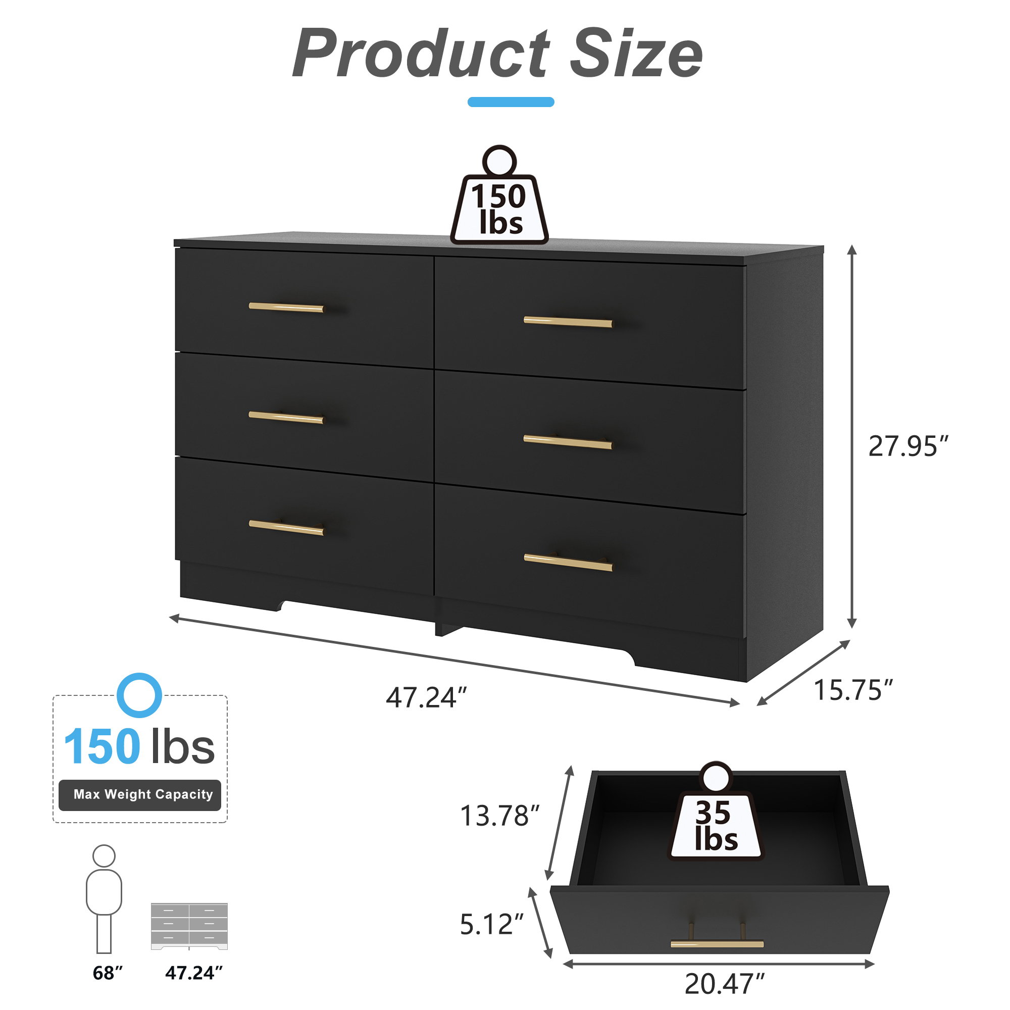 Spaco Dresser for Bedroom 6 Drawers Dresser Chest of Drawer Bedroom Furniture, Black Dresser