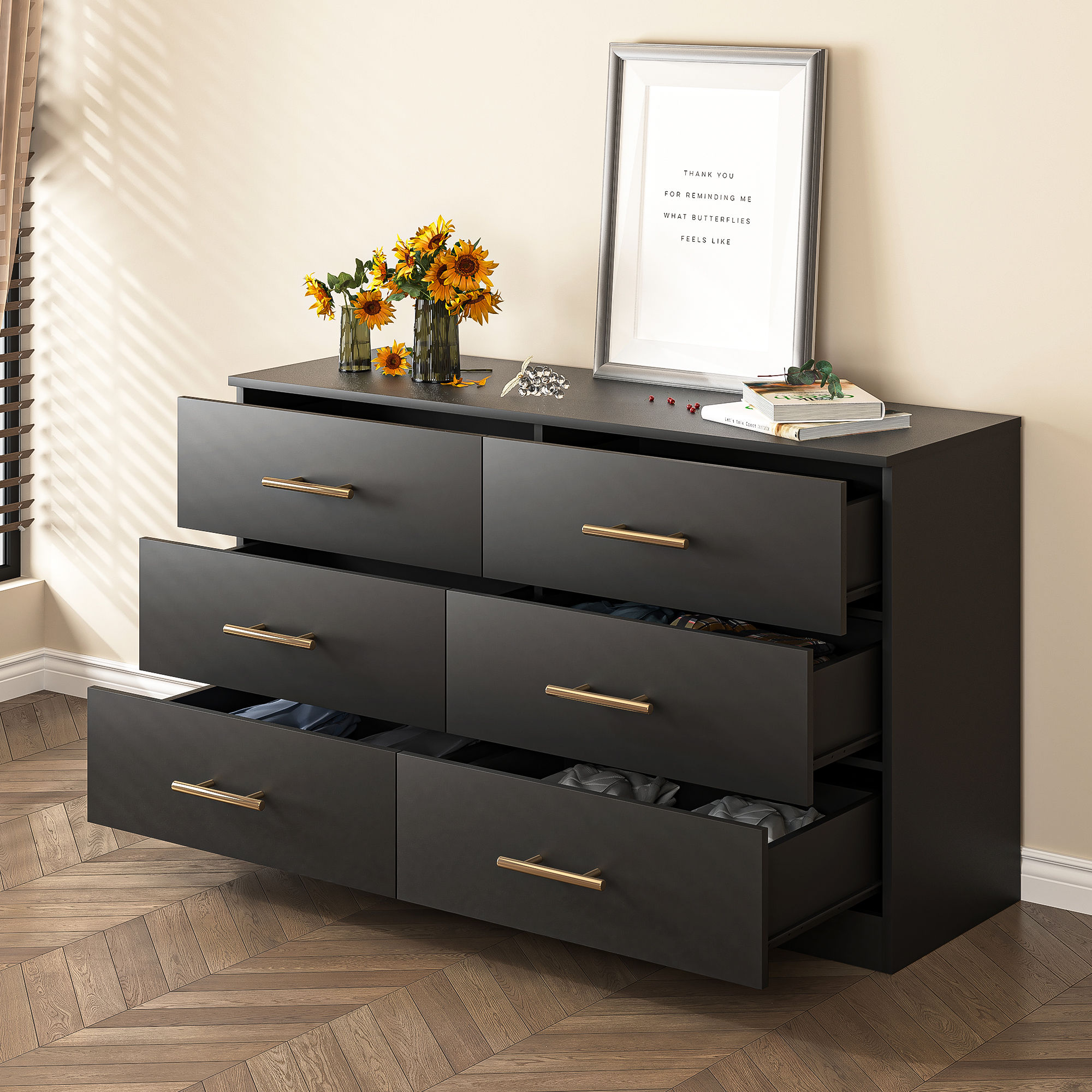 Spaco Dresser for Bedroom 6 Drawers Dresser Chest of Drawer Bedroom Furniture, Black Dresser