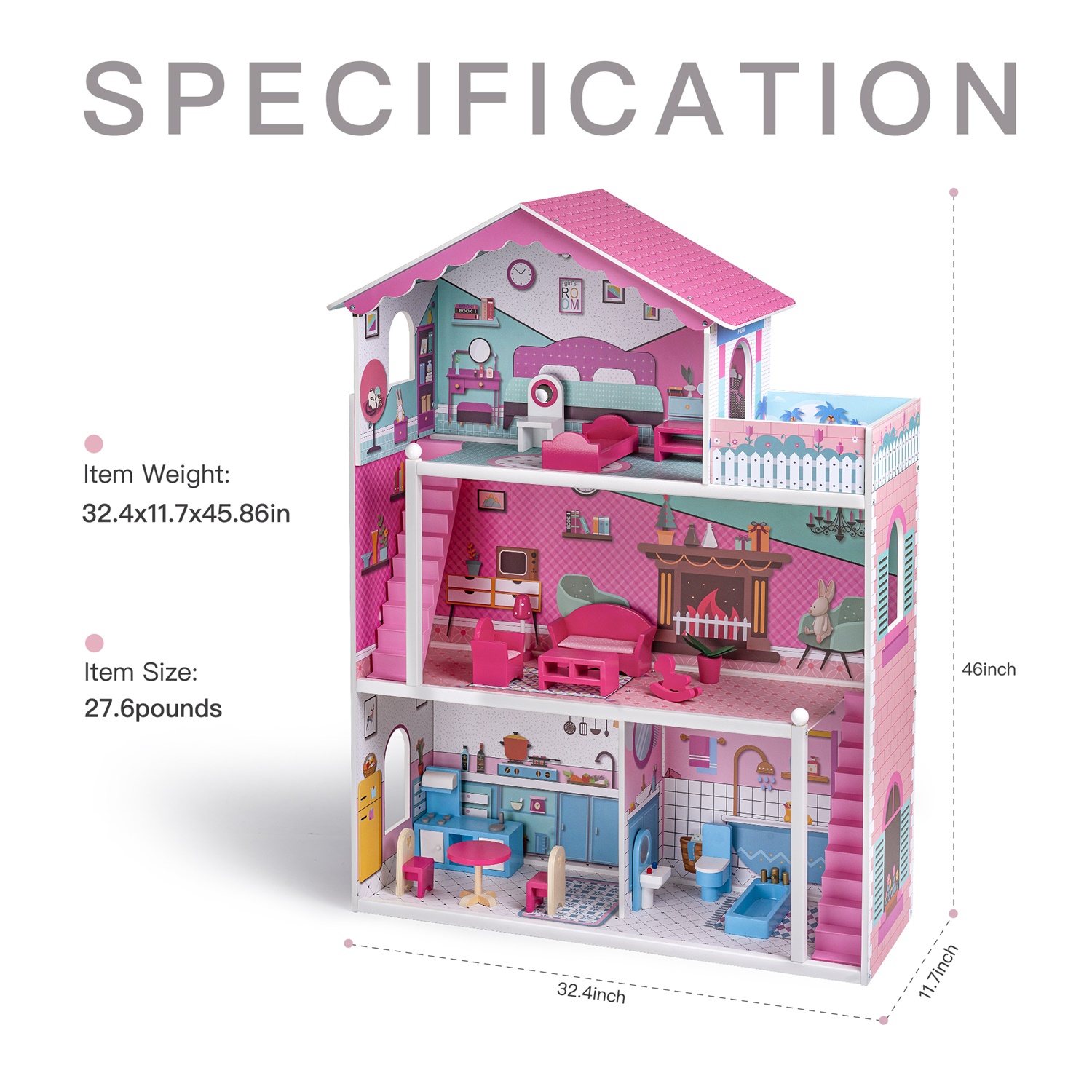 CIPACHO Wooden Dollhouse with Furniture, Pretend Dream House for Girls, Gift for Ages 3 Years, Pink