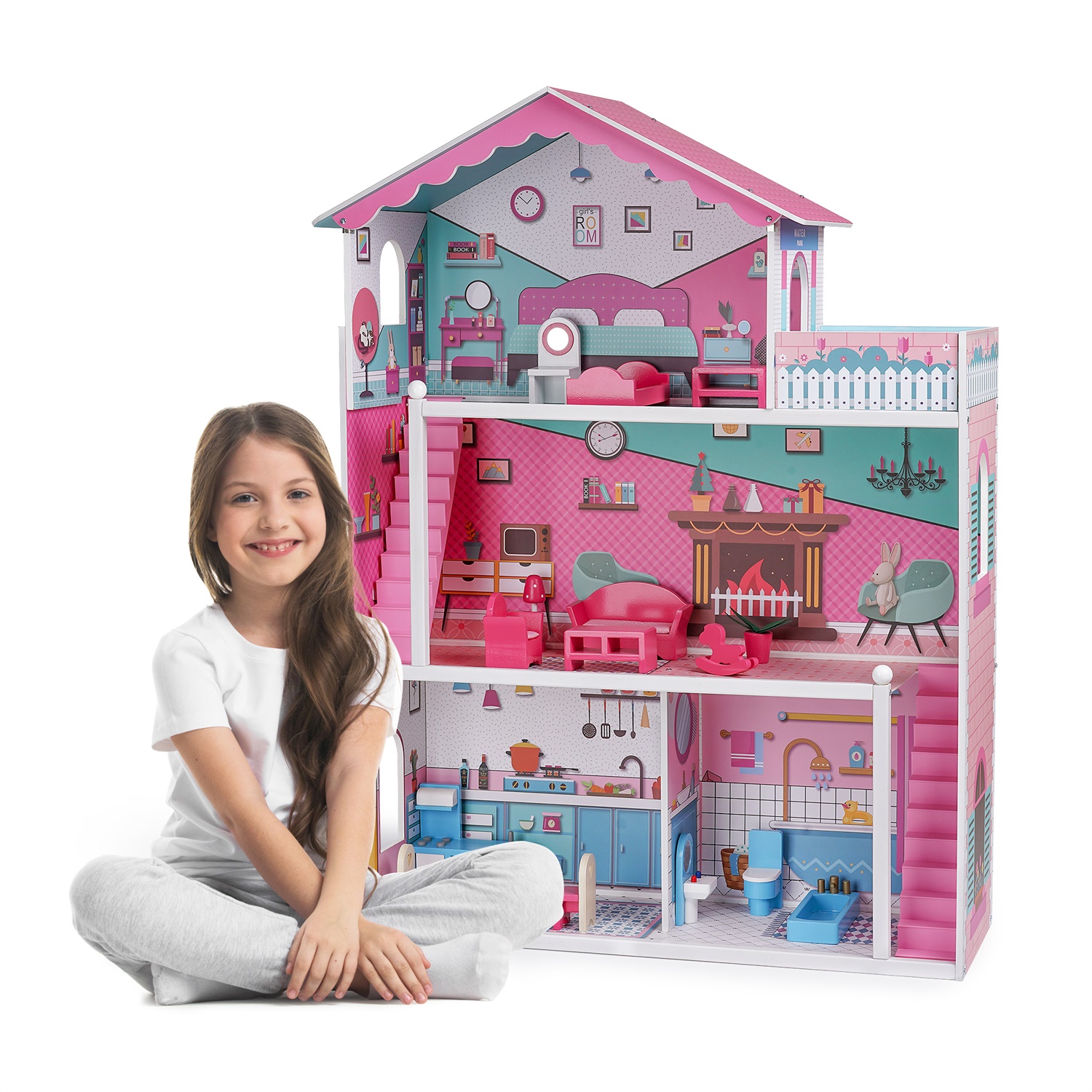 CIPACHO Wooden Dollhouse with Furniture, Pretend Dream House for Girls, Gift for Ages 3 Years, Pink