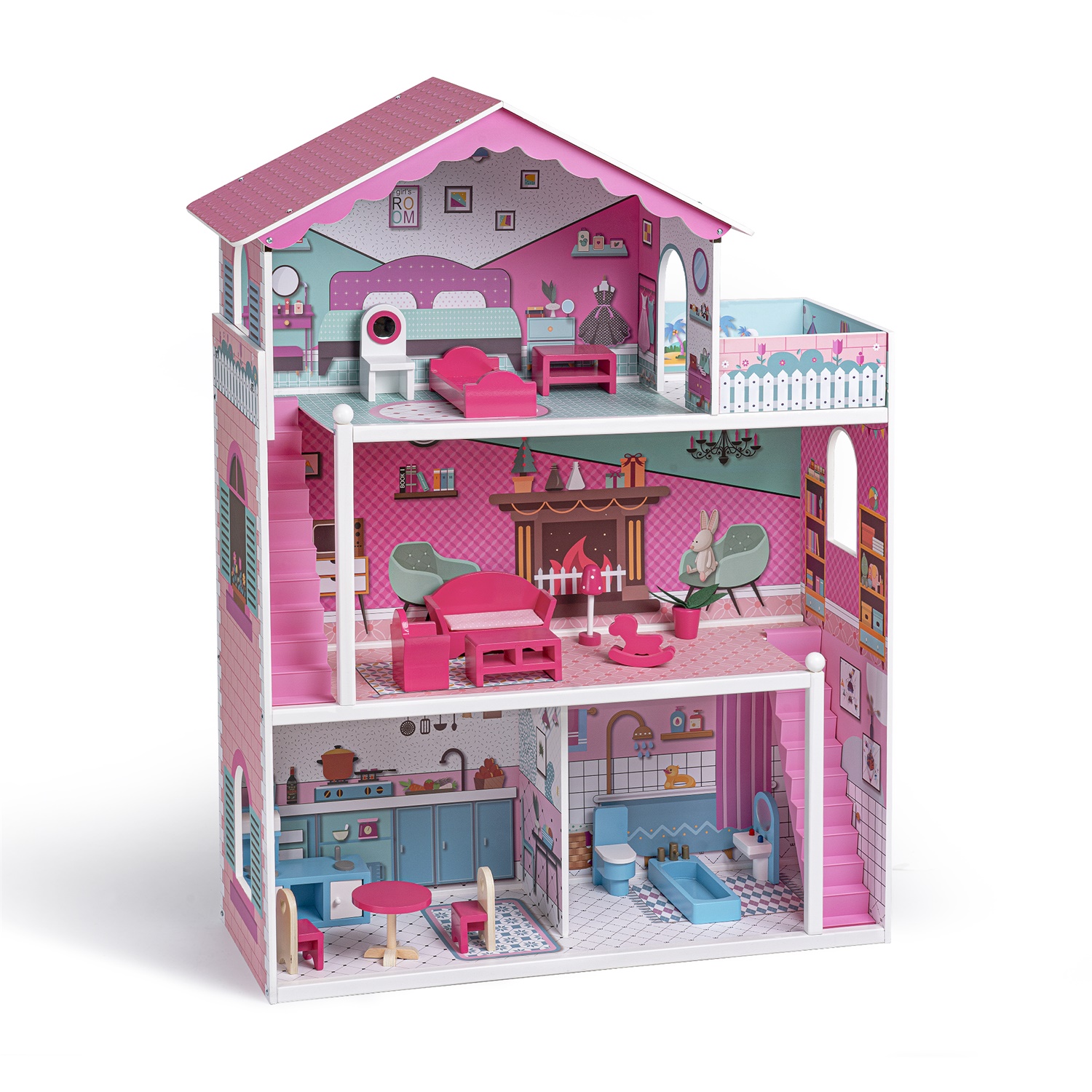 CIPACHO Wooden Dollhouse Playset with Furniture, Pretend Play Toys Gift for Kids Toddlers Girls, Pink