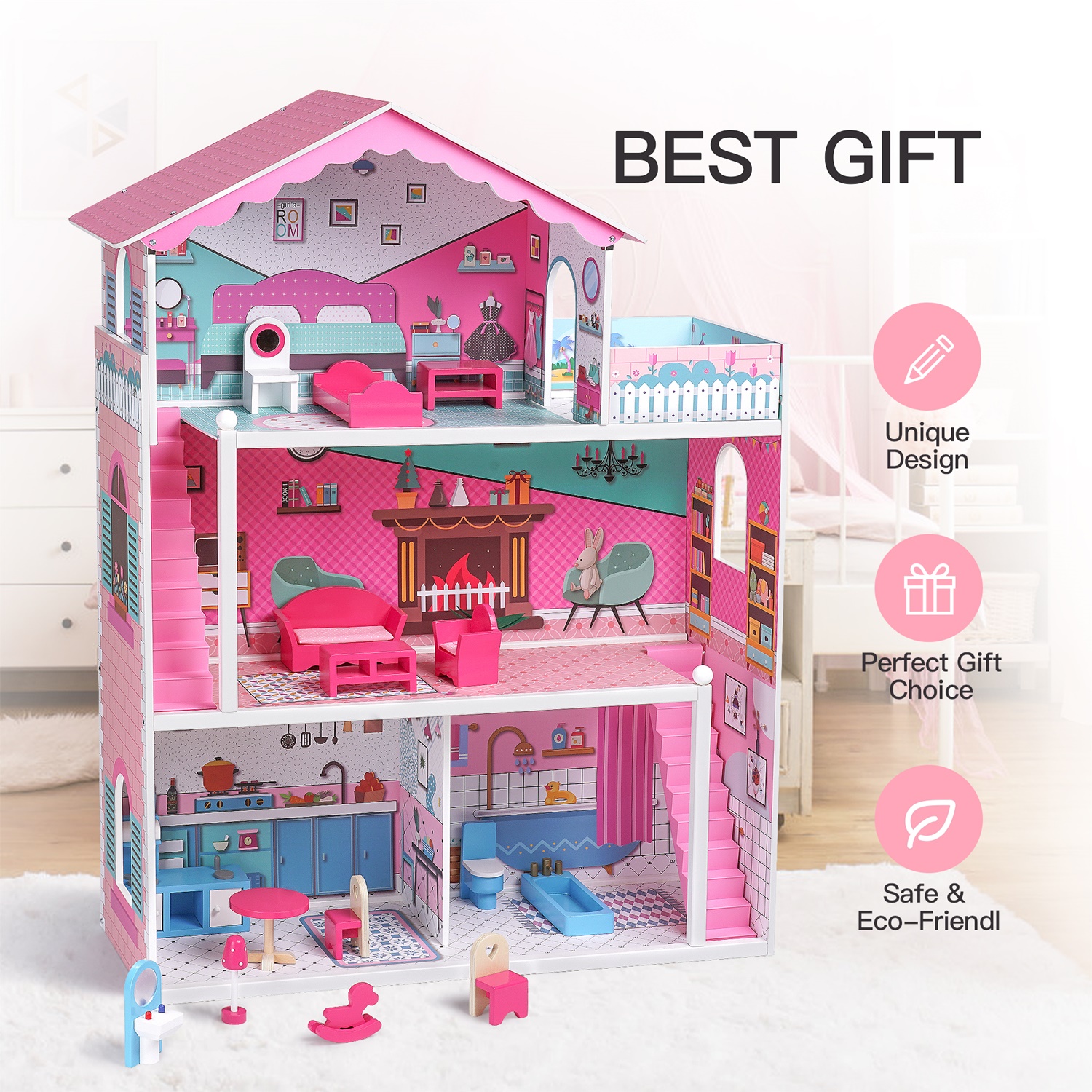 CIPACHO Wooden Dollhouse Playset with Furniture, Pretend Play Toys Gift for Kids Toddlers Girls, Pink