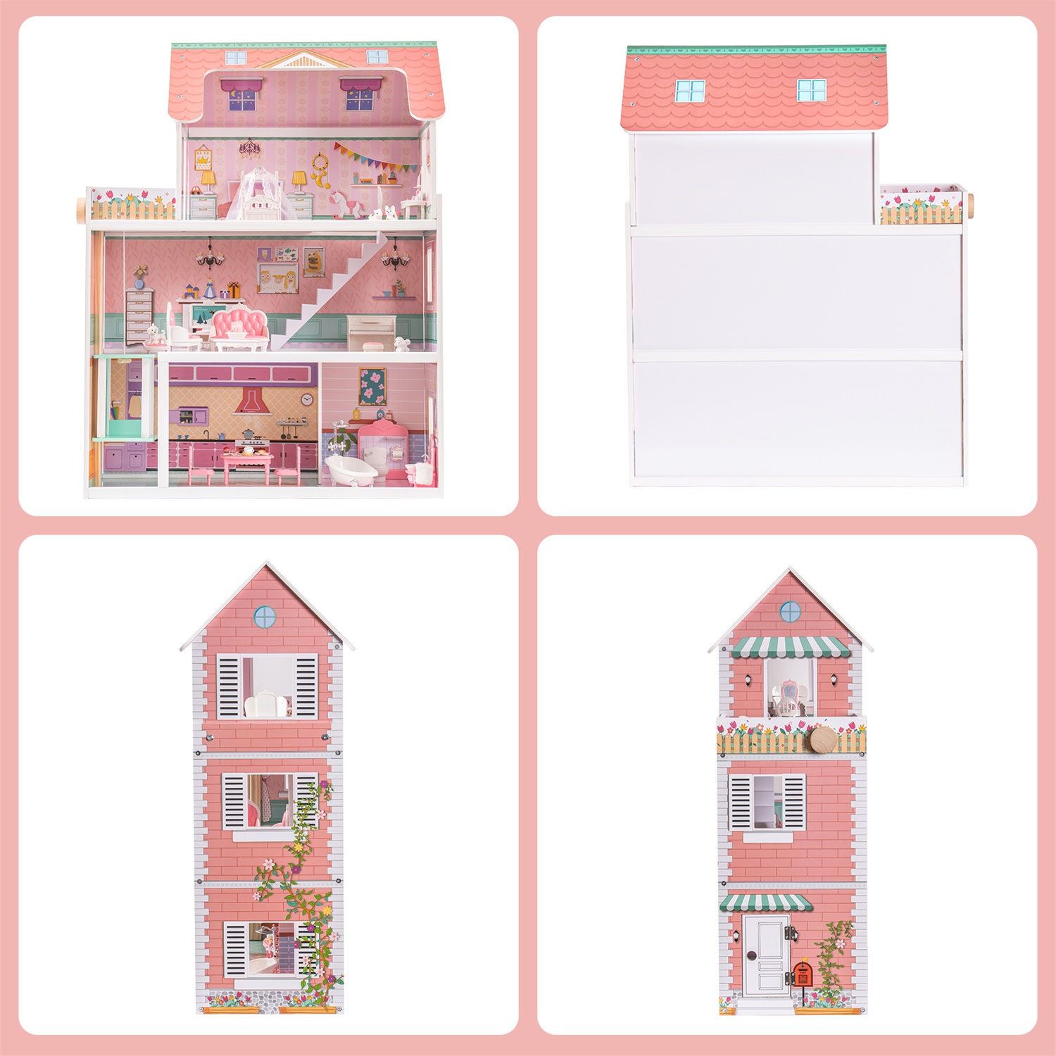 CIPACHO Wooden Dollhouse with Furniture, Pretend Dream House for Girls, Gift for Ages 3 Years, Pale Pink