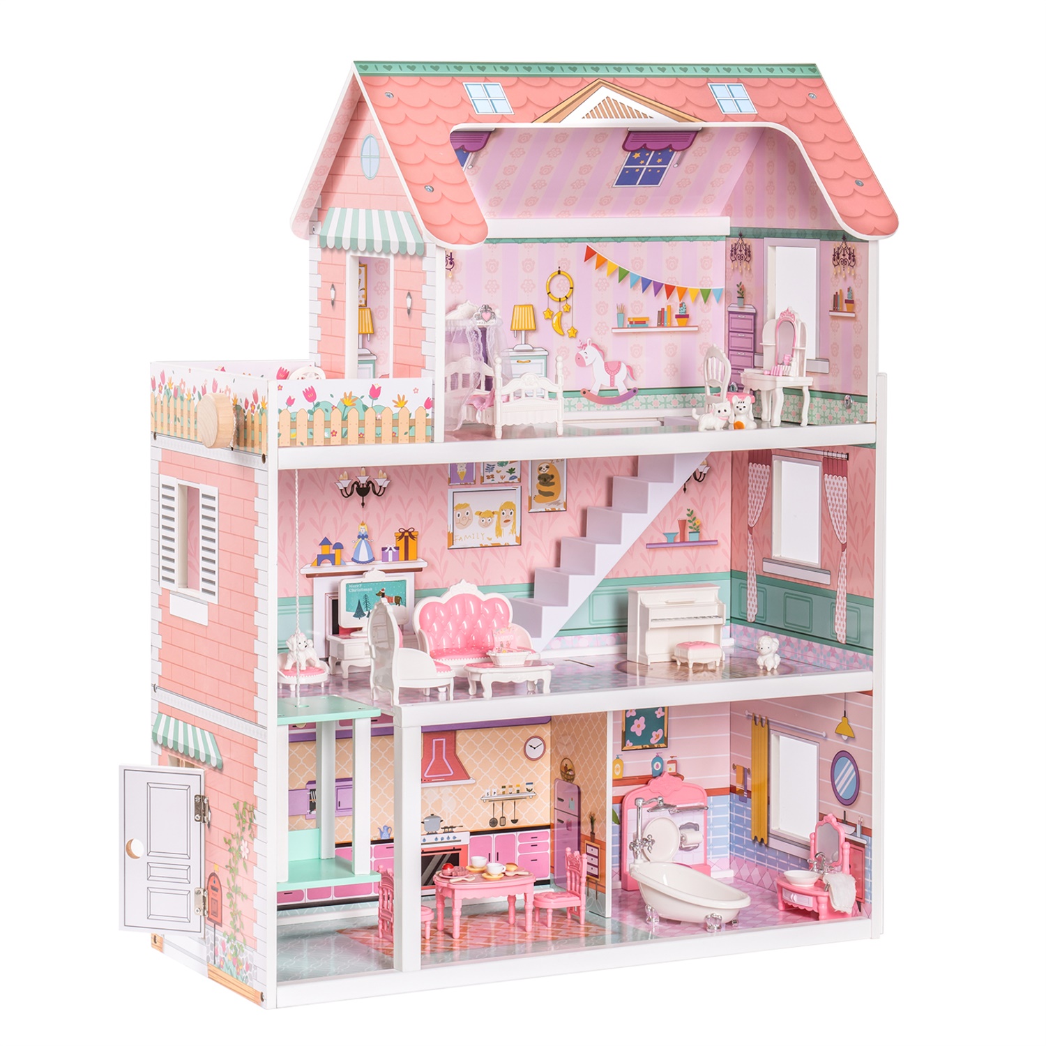 CIPACHO Wooden Dollhouse Playset with Furniture, Pretend Play Toys Gift for Kids Toddlers Girls, Pale Pink