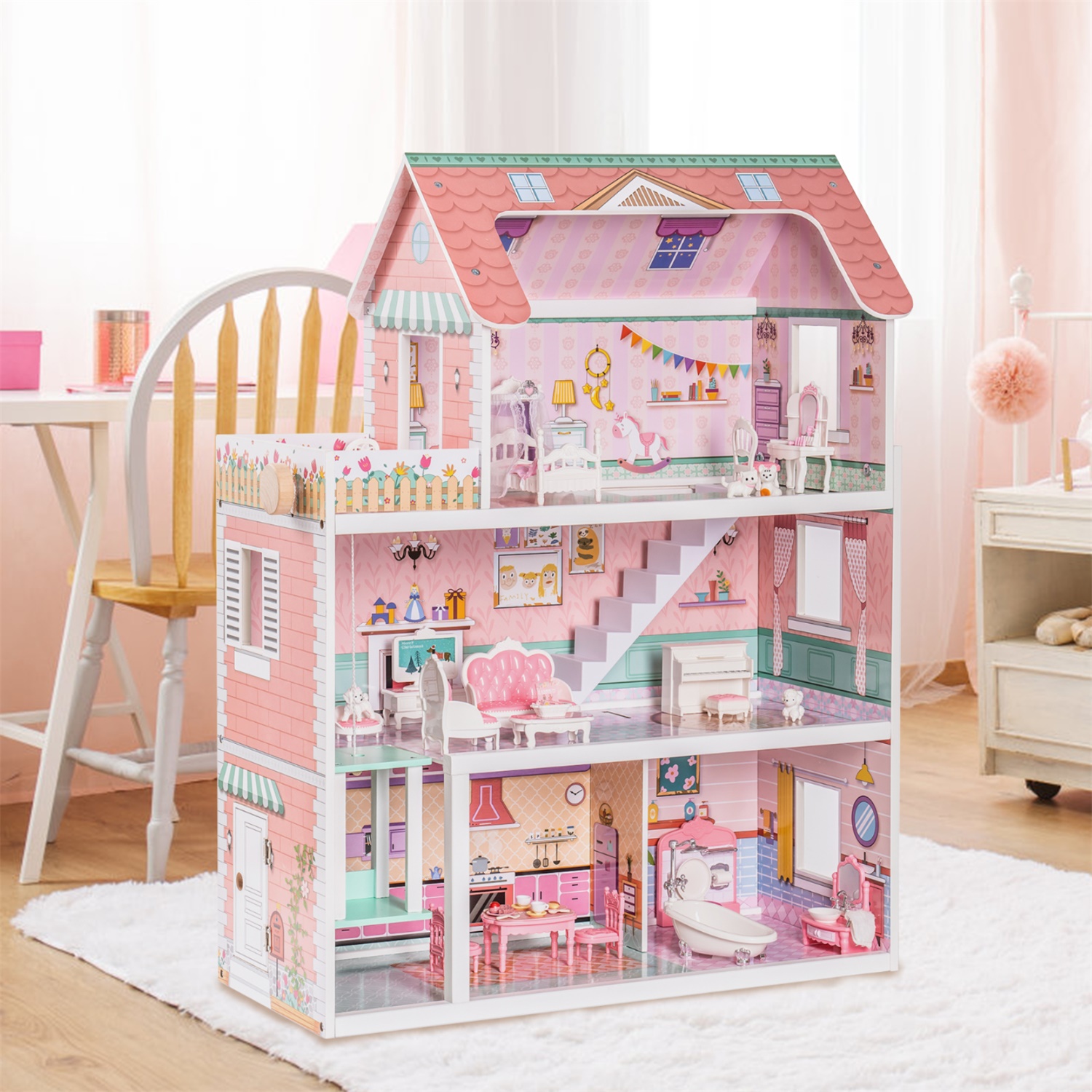 CIPACHO Wooden Dollhouse with Furniture, Pretend Dream House for Girls, Gift for Ages 3 Years, Pale Pink