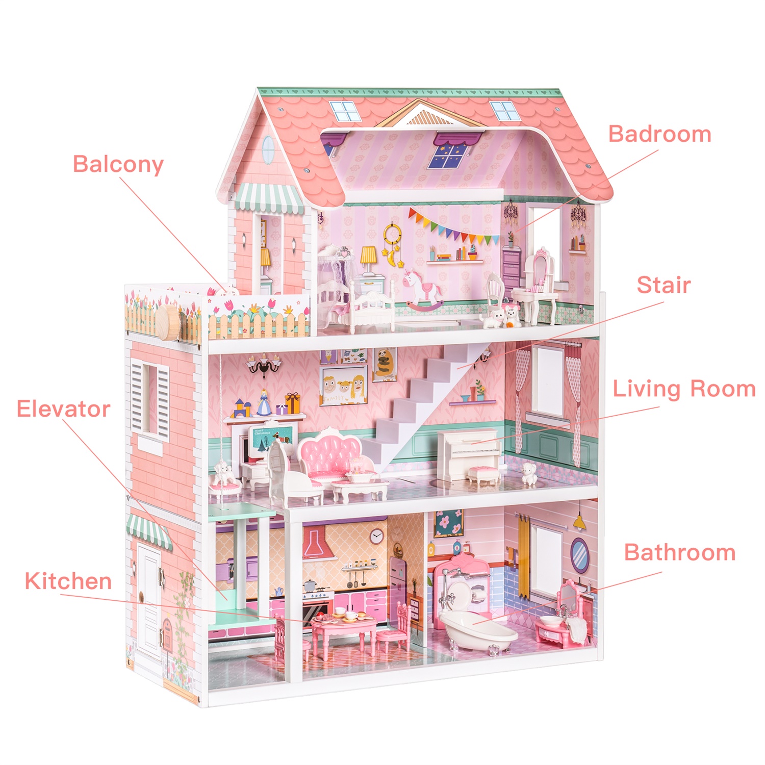 CIPACHO Wooden Dollhouse with Furniture, Pretend Dream House for Girls, Gift for Ages 3 Years, Pale Pink