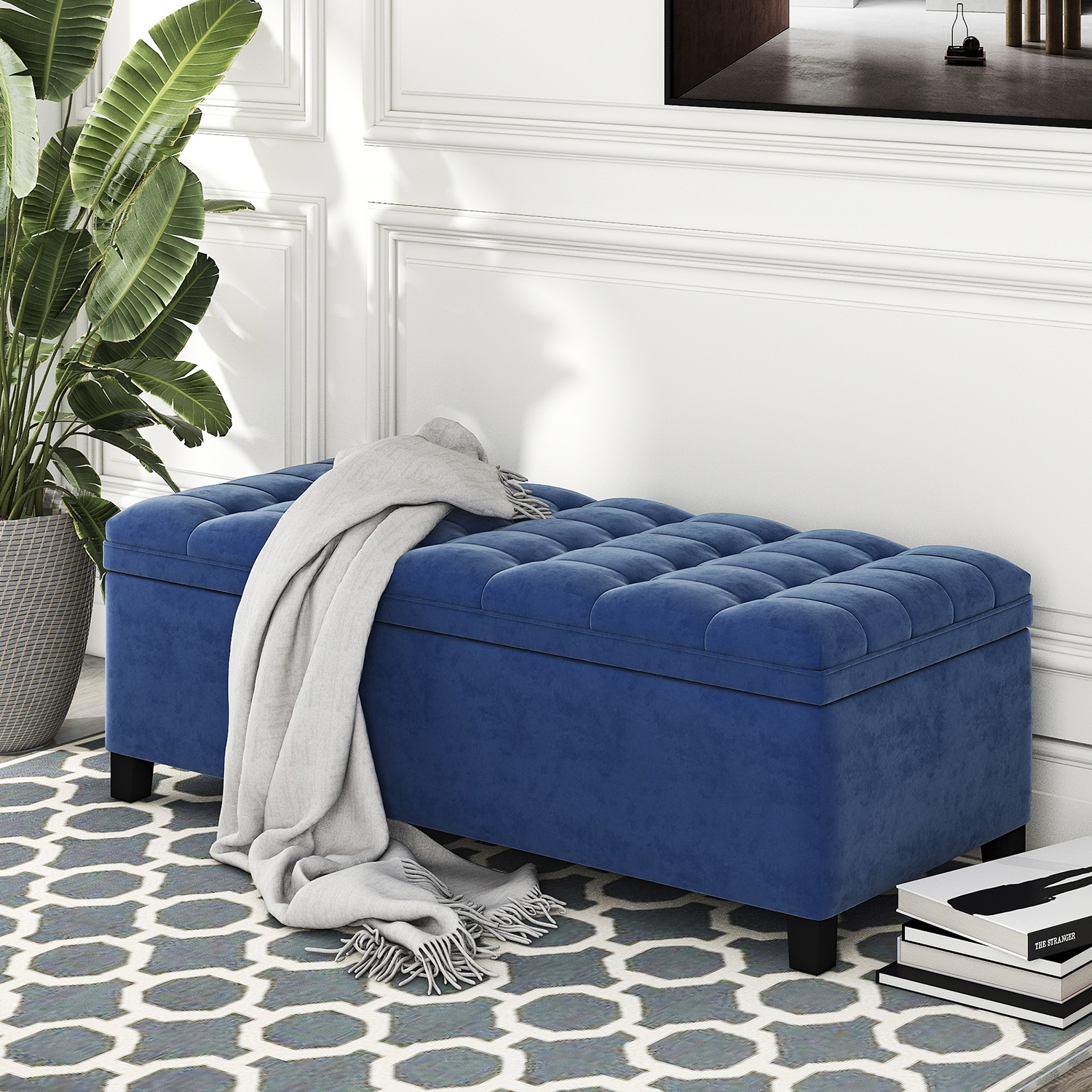 Kadyn Upholstered Flip Top Storage Bench, Storage Ottoman Bench with Button Tufted Top, Folding Chest Foot Rest Stool for Bedroom, Blue