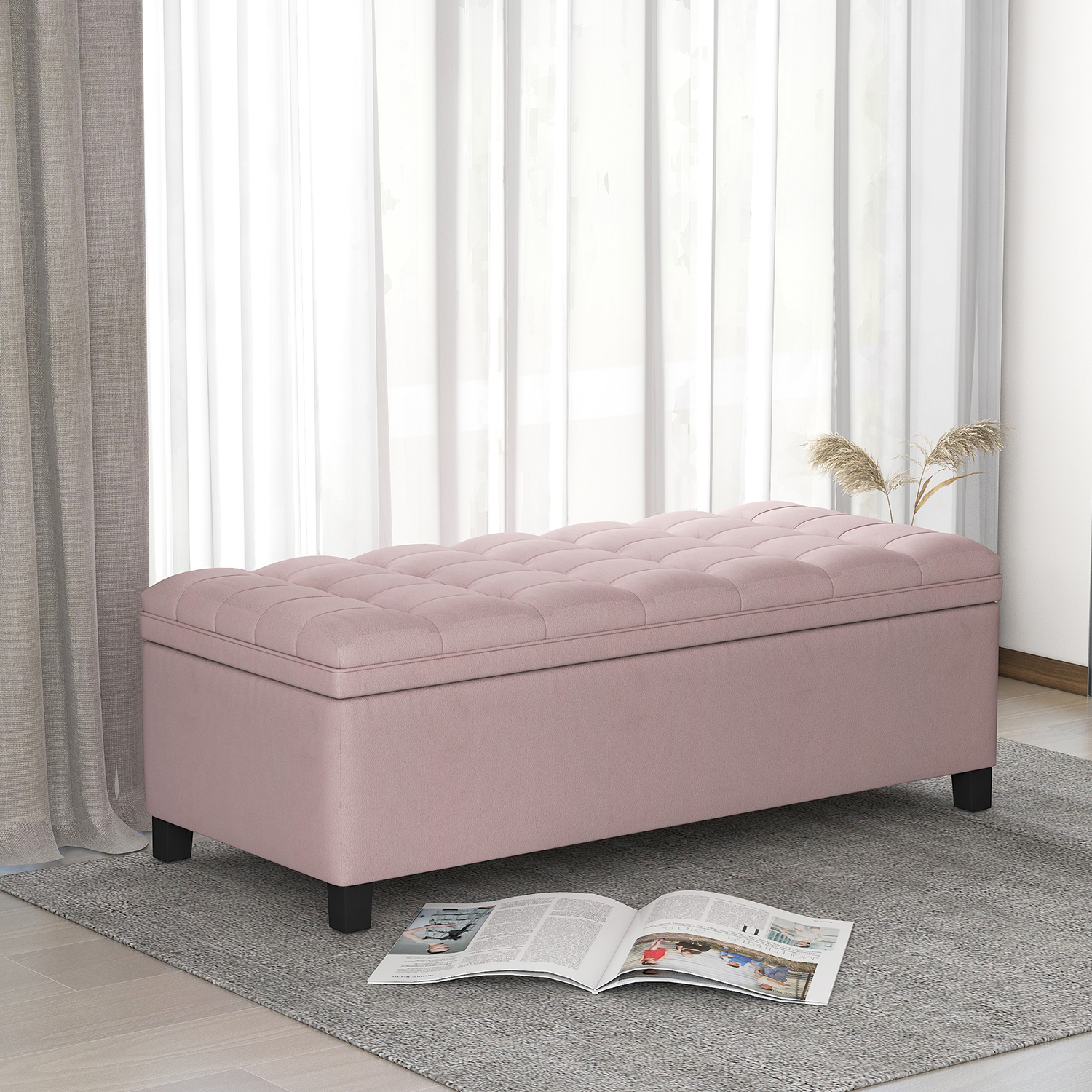 Kepooman Flip Top Storage Ottoman Bench, 48" Upholstered Storage Bench with Button Tufted Top, Folding Chest Foot Rest Stool for Entryway Living Room, Pink Kepooman Flip Top Storage Ottoman Bench, 48" Upholstered Storage Bench with Button Tufted Top, Folding Chest Foot Rest Stool for Entryway Living Room, Pink