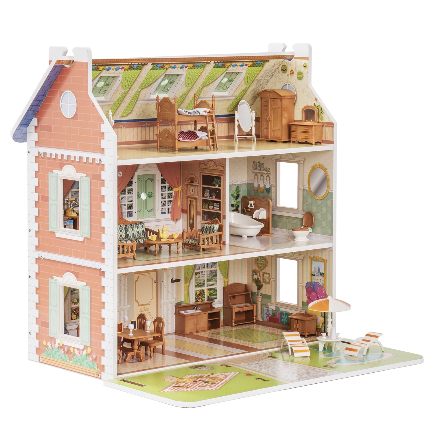 CIPACHO Wooden Dollhouse with Furniture, Pretend Dream House for Girls, Gift for Ages 3 Years, Orange