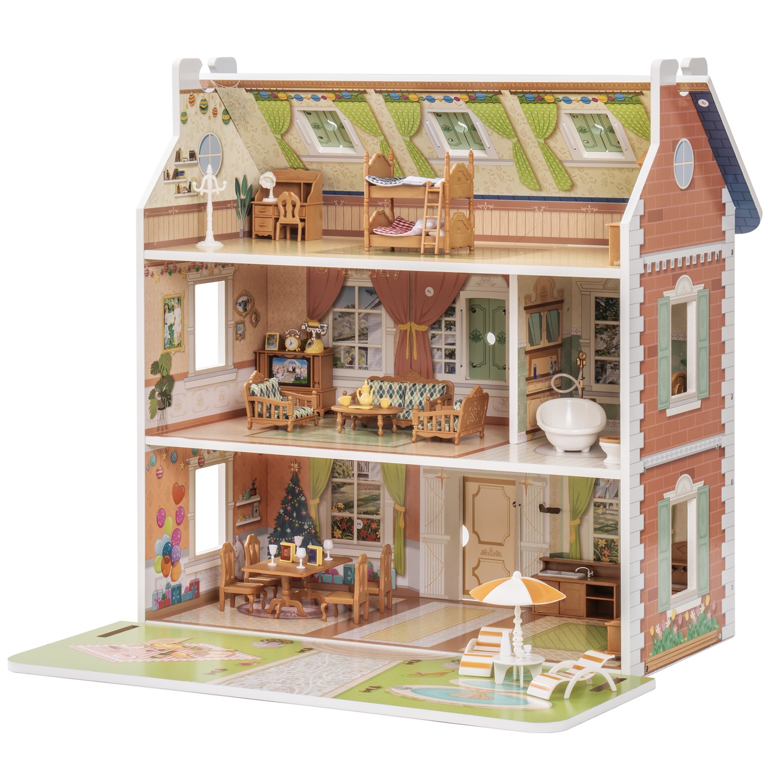 CIPACHO Wooden Dollhouse with Furniture, Pretend Dream House for Girls, Gift for Ages 3 Years, Orange