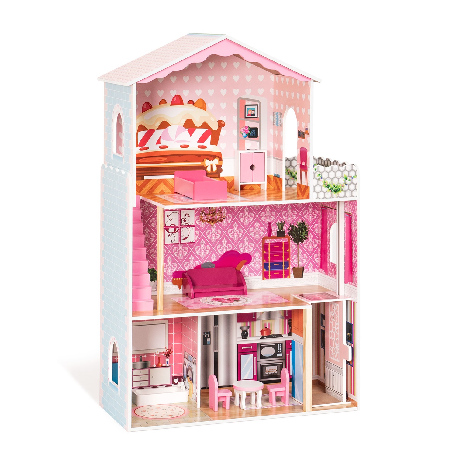 CIPACHO Wooden Dollhouse Playset with Furniture, Pretend Play Toys Gift for Kids Toddlers Girls, Rosy Pink