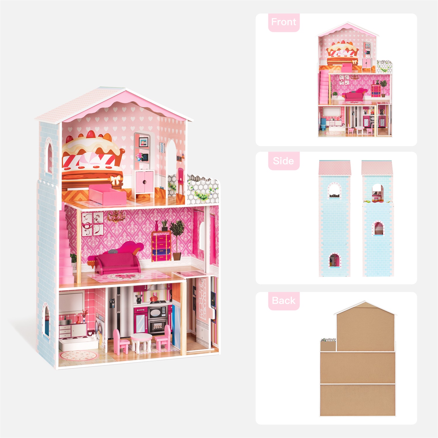 CIPACHO Wooden Dollhouse Playset with Furniture, Pretend Play Toys Gift for Kids Toddlers Girls, Rosy Pink