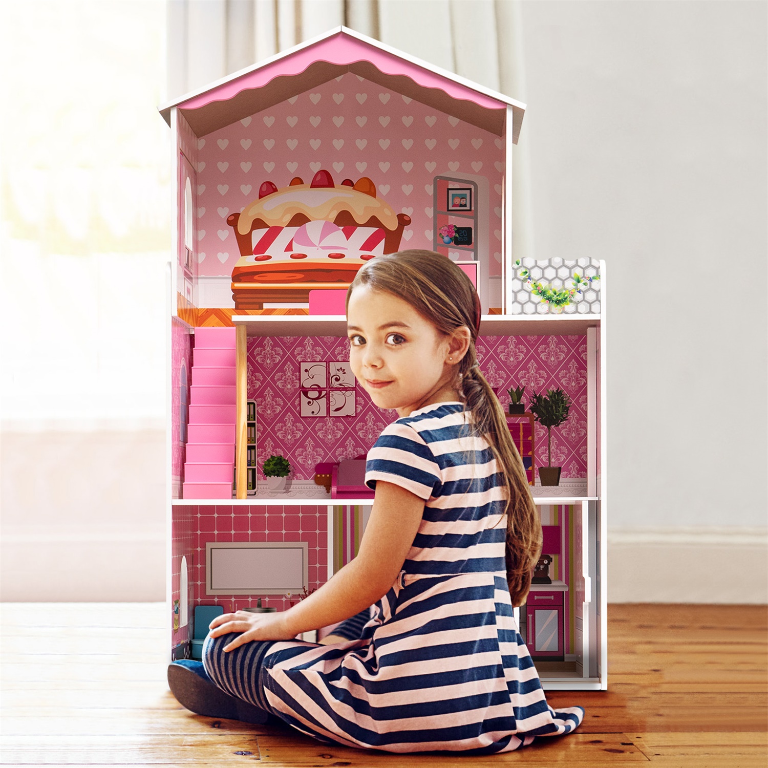 CIPACHO Wooden Dollhouse with Furniture, Pretend Dream House for Girls, Gift for Ages 3 Years, Rosy Pink