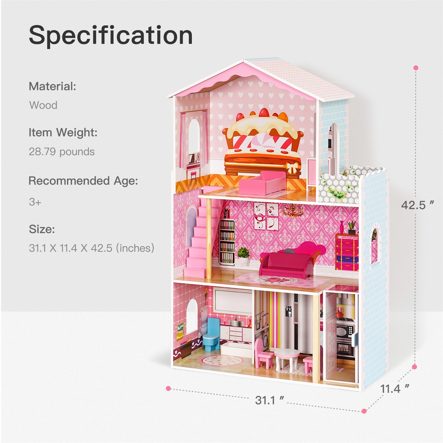 CIPACHO Wooden Dollhouse with Furniture, Pretend Dream House for Girls, Gift for Ages 3 Years, Rosy Pink