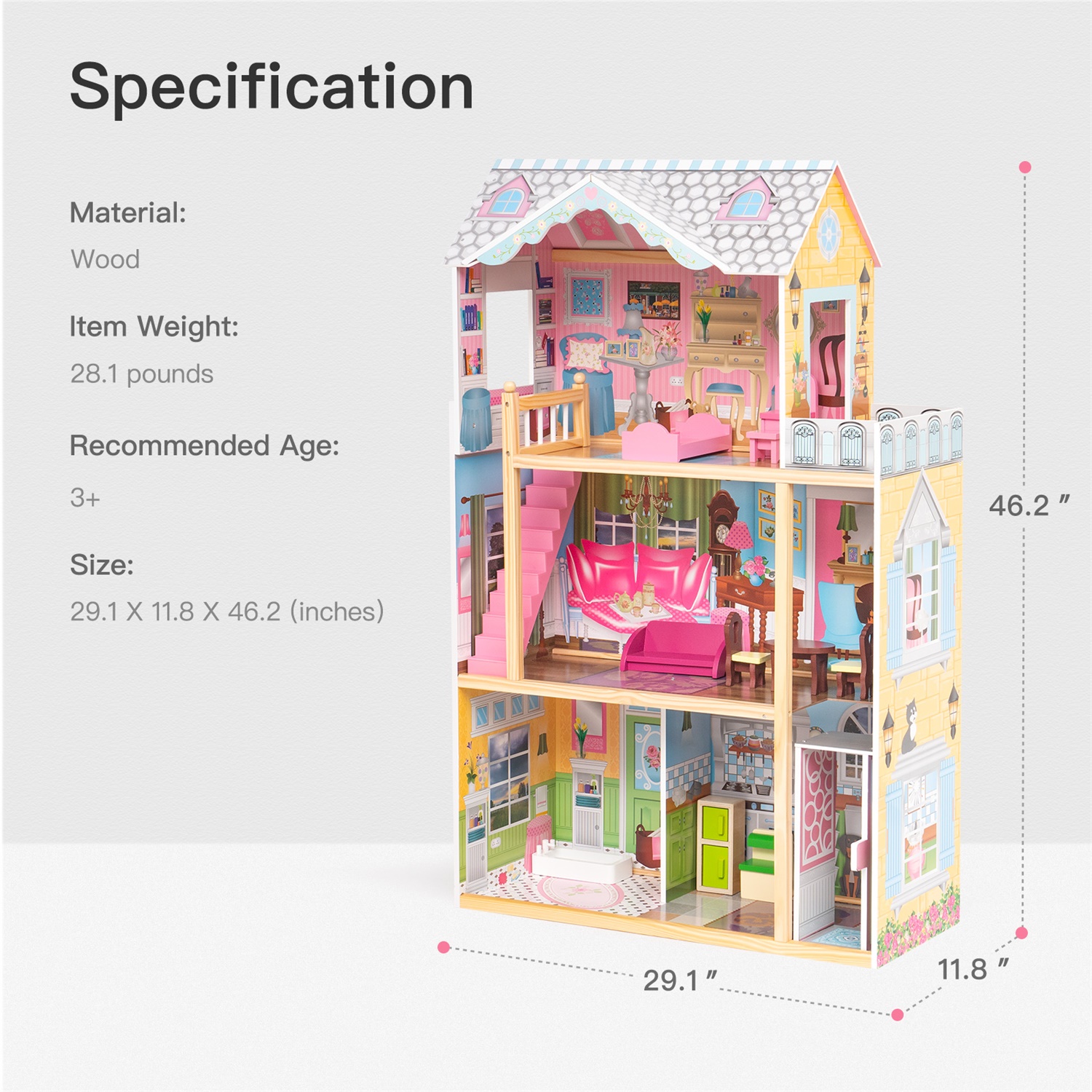 CIPACHO Wooden Dollhouse with Furniture, Pretend Dream House for Girls, Gift for Ages 3 Years, Yellow