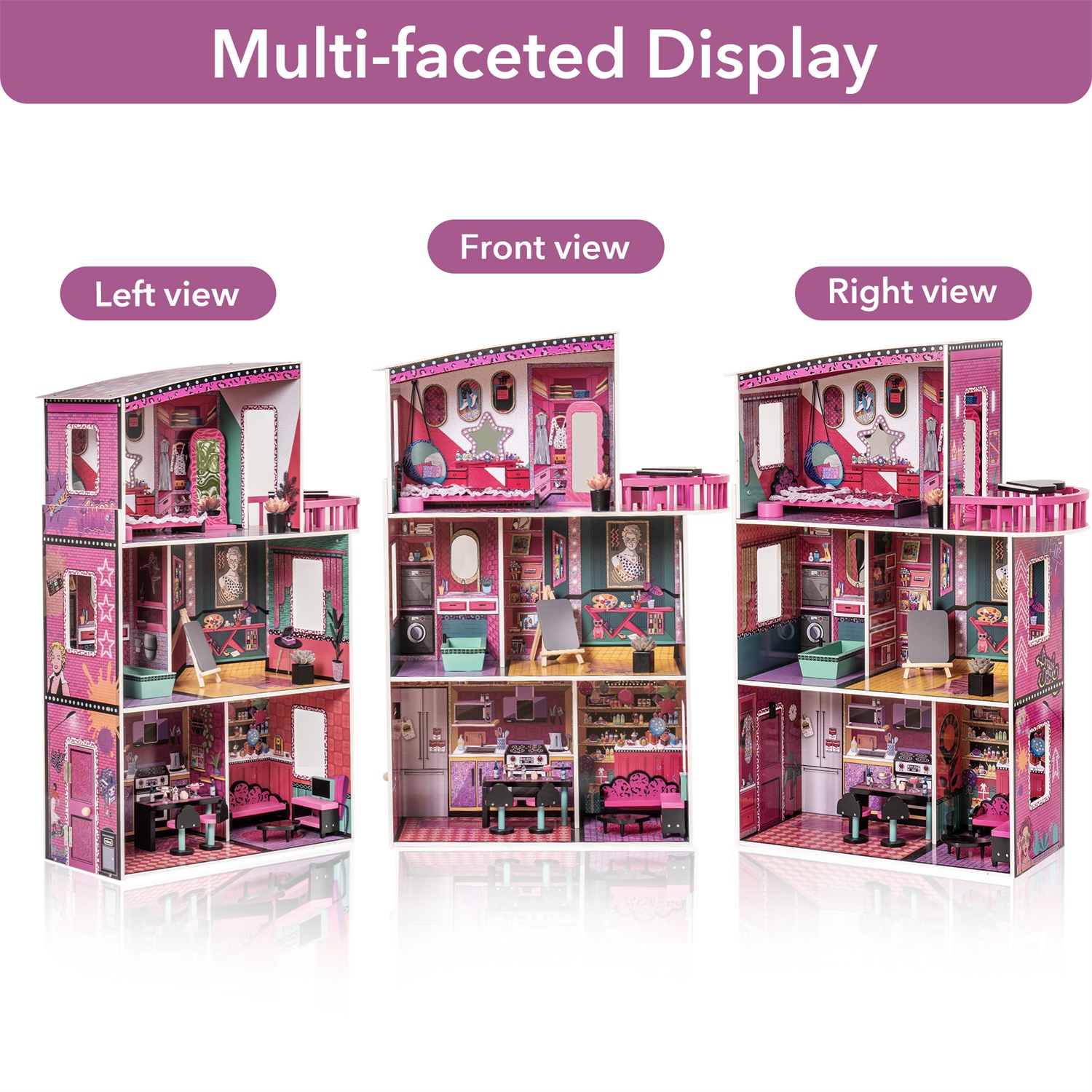 CIPACHO Wooden Dollhouse for Kids Girls, Dream House with Decorations and Furnitures, Gift for Ages 3+, Pink