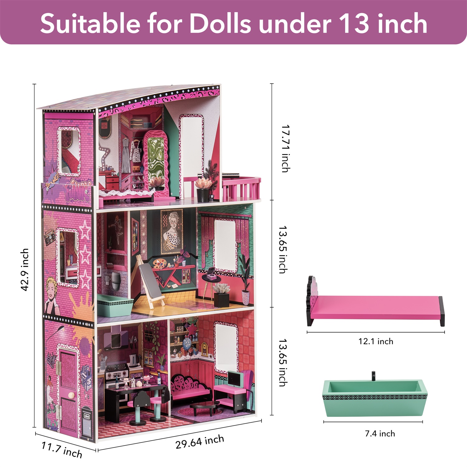 CIPACHO Wooden Dollhouse for Kids Girls, Dream House with Decorations and Furnitures, Gift for Ages 3+, Pink