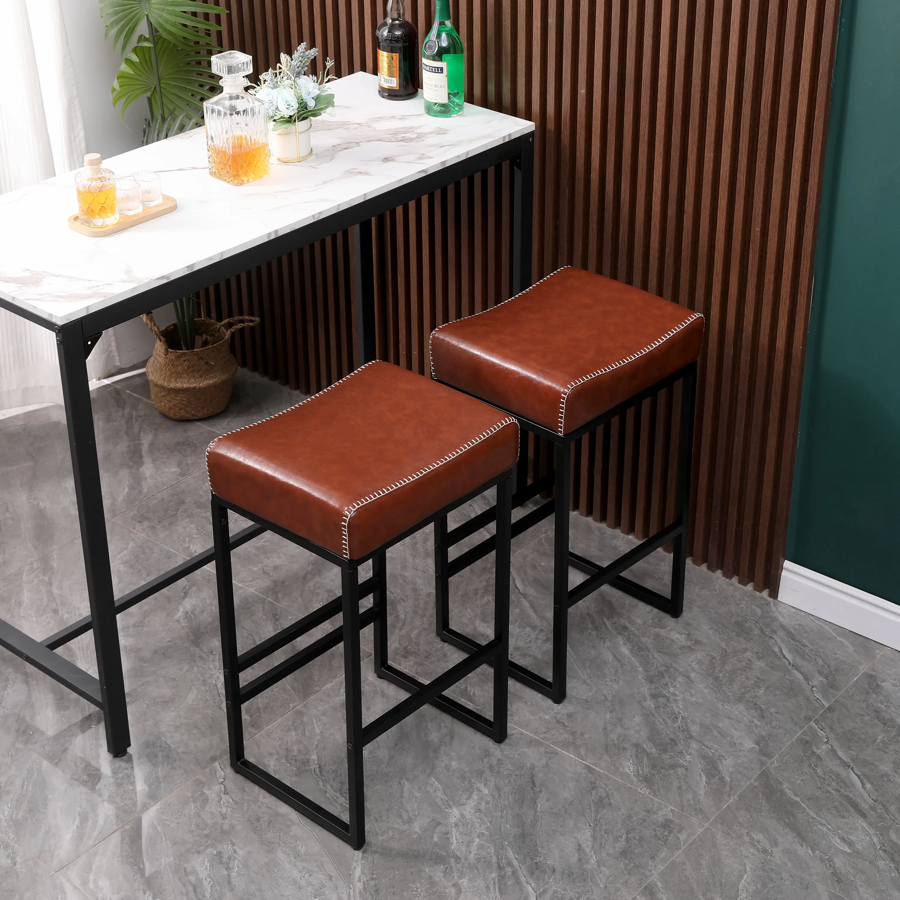 Yardi Yard Modern PU Leather Counter Height Bar Stools Set of 2, Upholstered Accent Stool with Footrest, Brown