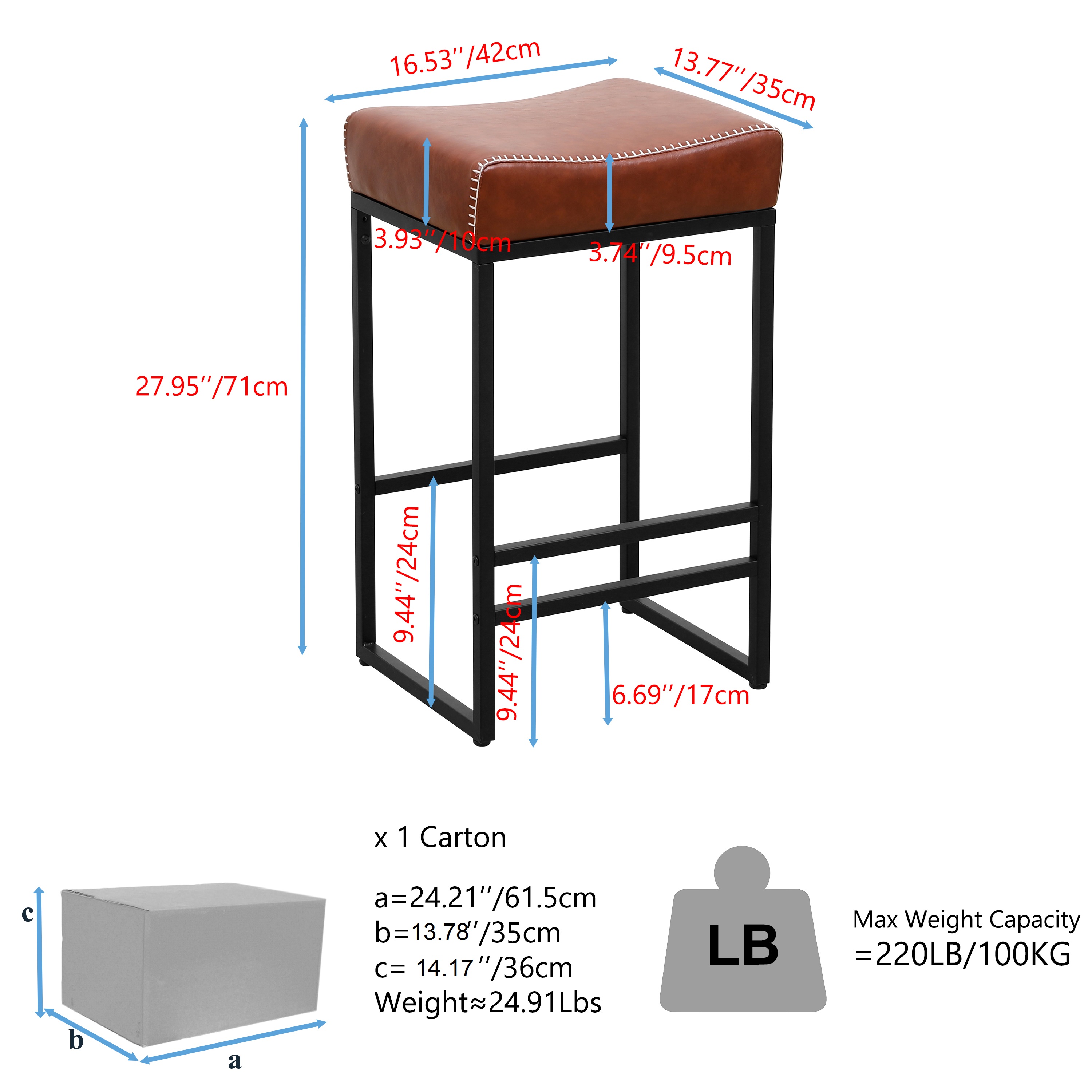 Yardi Yard Modern PU Leather Counter Height Bar Stools Set of 2, Upholstered Accent Stool with Footrest, Brown