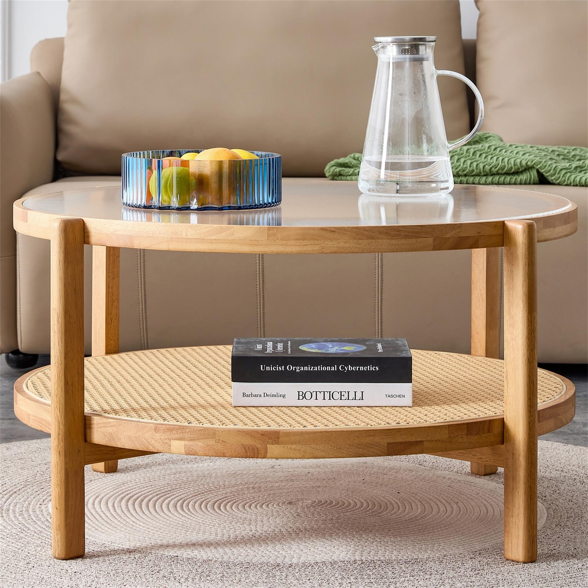 Kadyn Solid Wood Coffee Table, 2-Tier Tea Table with Solid Wood Frame and Pe Rattan, Round Glass Sofa Center Table for Living Room, Natural Wood