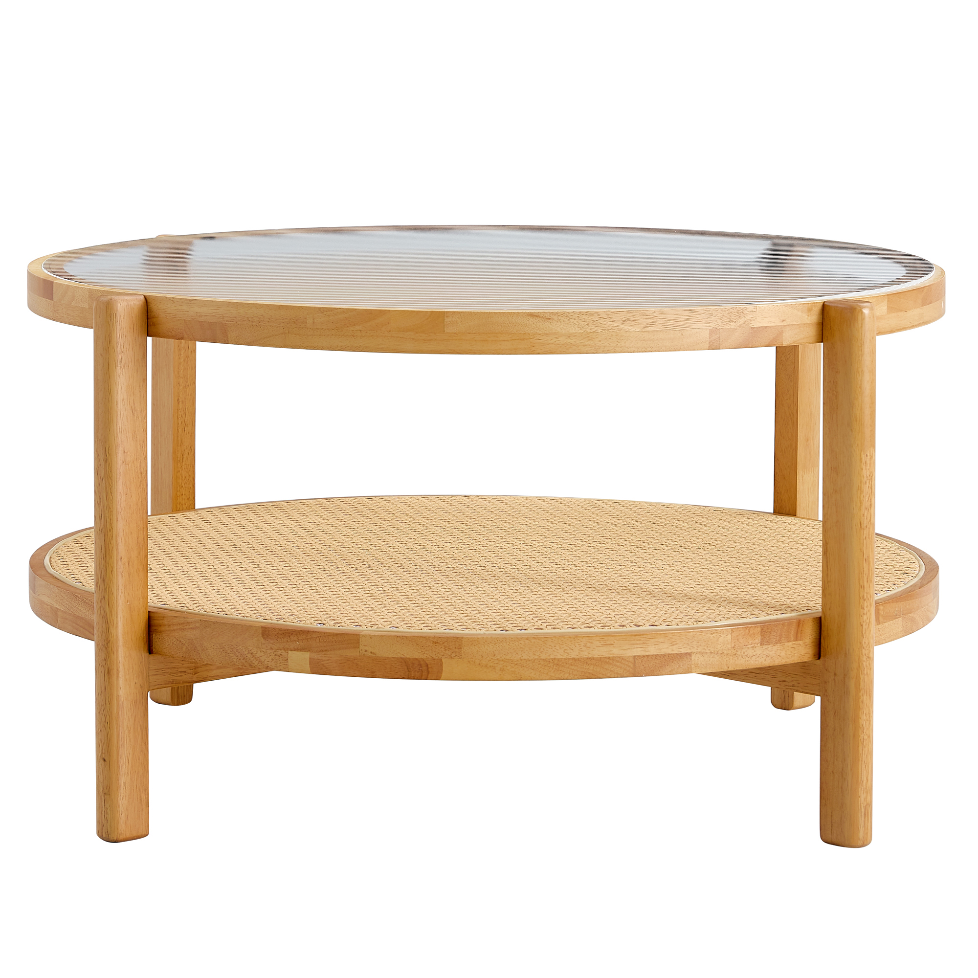 Kepooman 2-Tier Coffee Table, Round Tea Table with Solid Wood Frame and Pe Rattan, Modern Glass Sofa Center Table for Living Room, Natural Wood