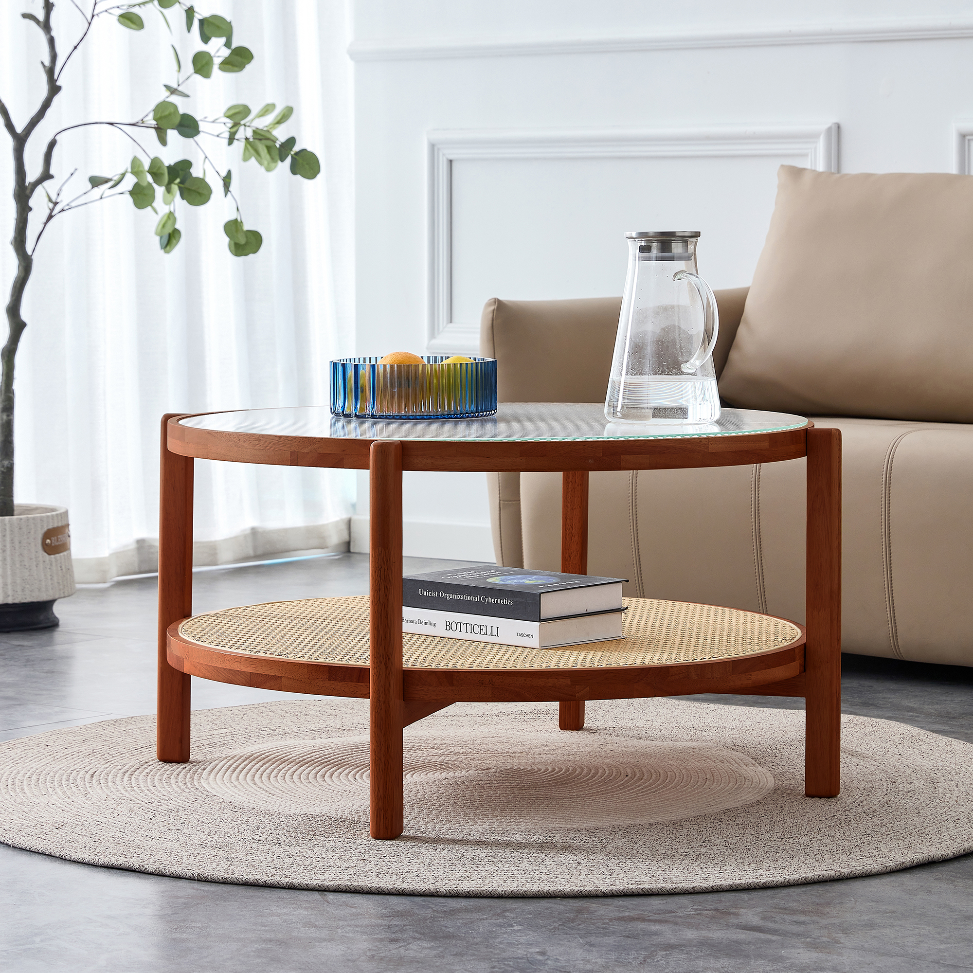 Kepooman 2-Tier Coffee Table, Round Tea Table with Solid Wood Frame and Pe Rattan, Modern Glass Sofa Center Table for Living Room, Walnut