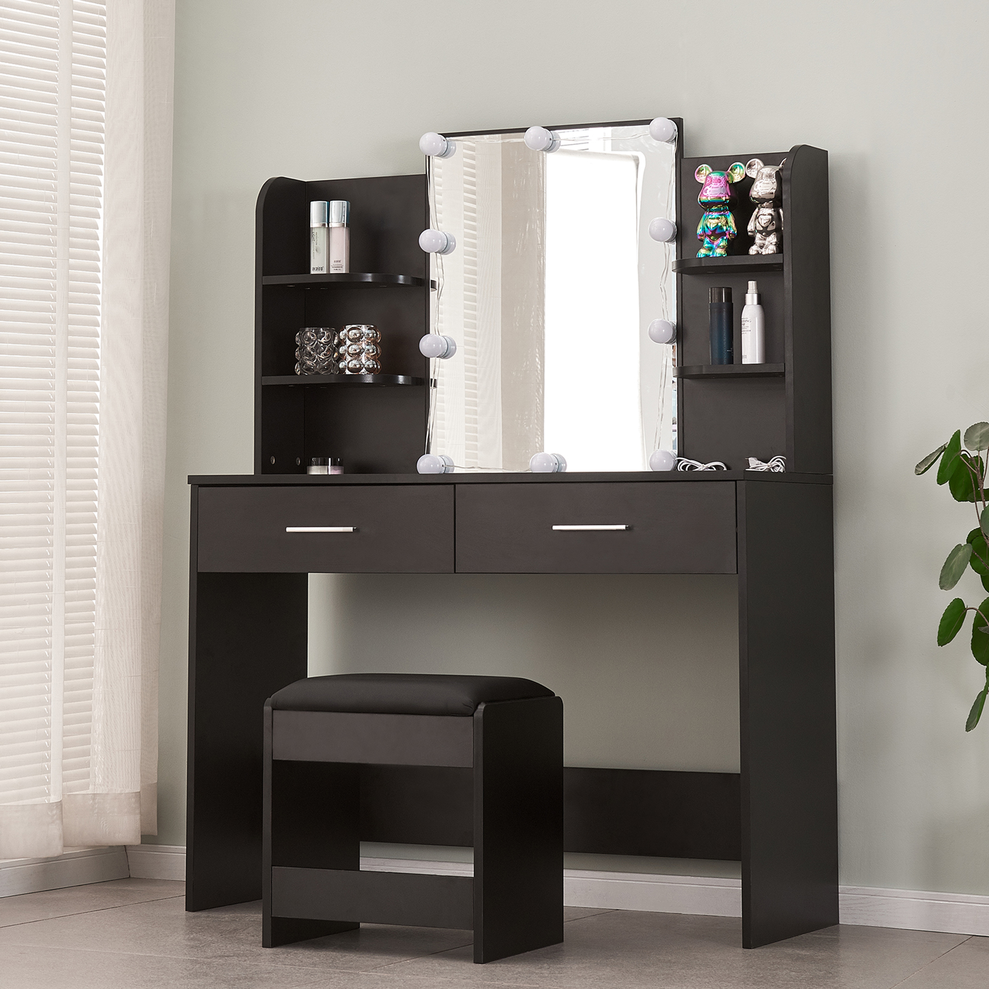 Kepooman Black Large Vanity Set, Makeup Vanity Table with 10 Light Bulbs for Bedroom, Vanity Table Set with Cushioned Stool, 6 Storage Shelves 2 Drawers Kepooman Black Large Vanity Set, Makeup Vanity Table with 10 Light Bulbs for Bedroom, Vanity Table Set with Cushioned Stool, 6 Storage Shelves 2 Drawers