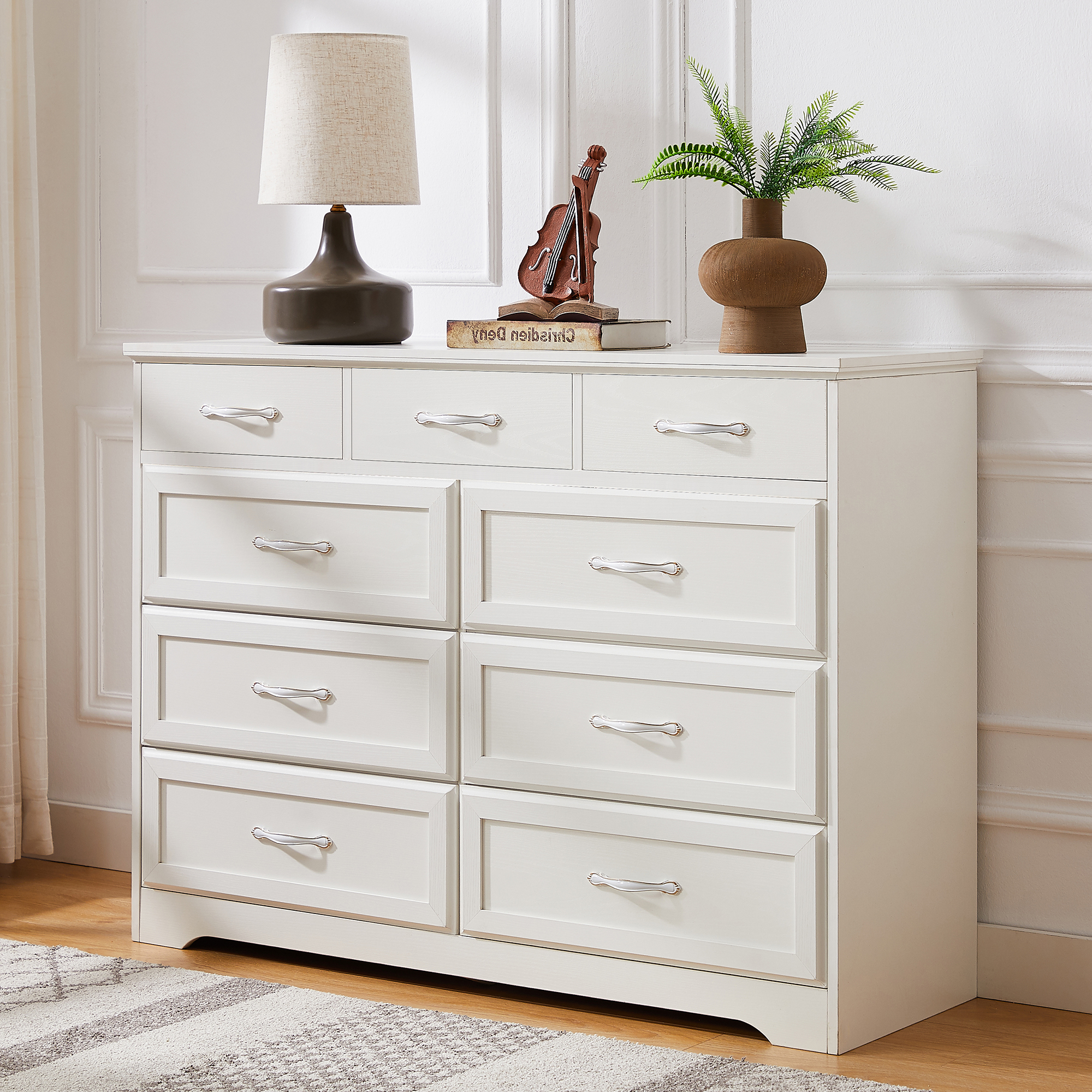 Kadyn 9 Drawer Long Dresser, Nursery Dresser with Antique Handles, Chest Of Drawers for Kids Room, Entry And Hallway, White