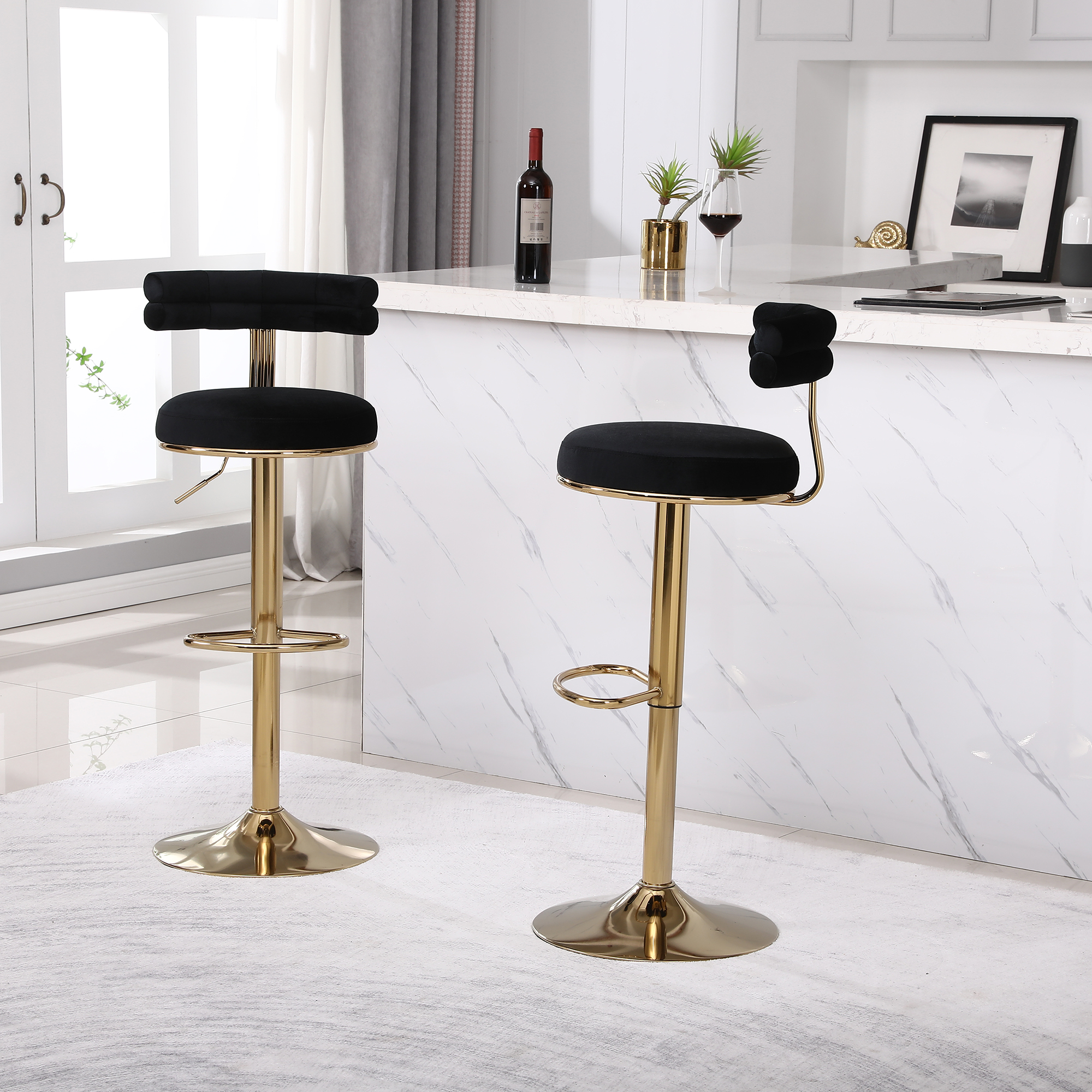 Kadyn 40.55" 2PCS Swivel Bar Stool, Adjustable Counter Height Barstools with Back and Footrest, Modern Black Bar Chair for Home Counter