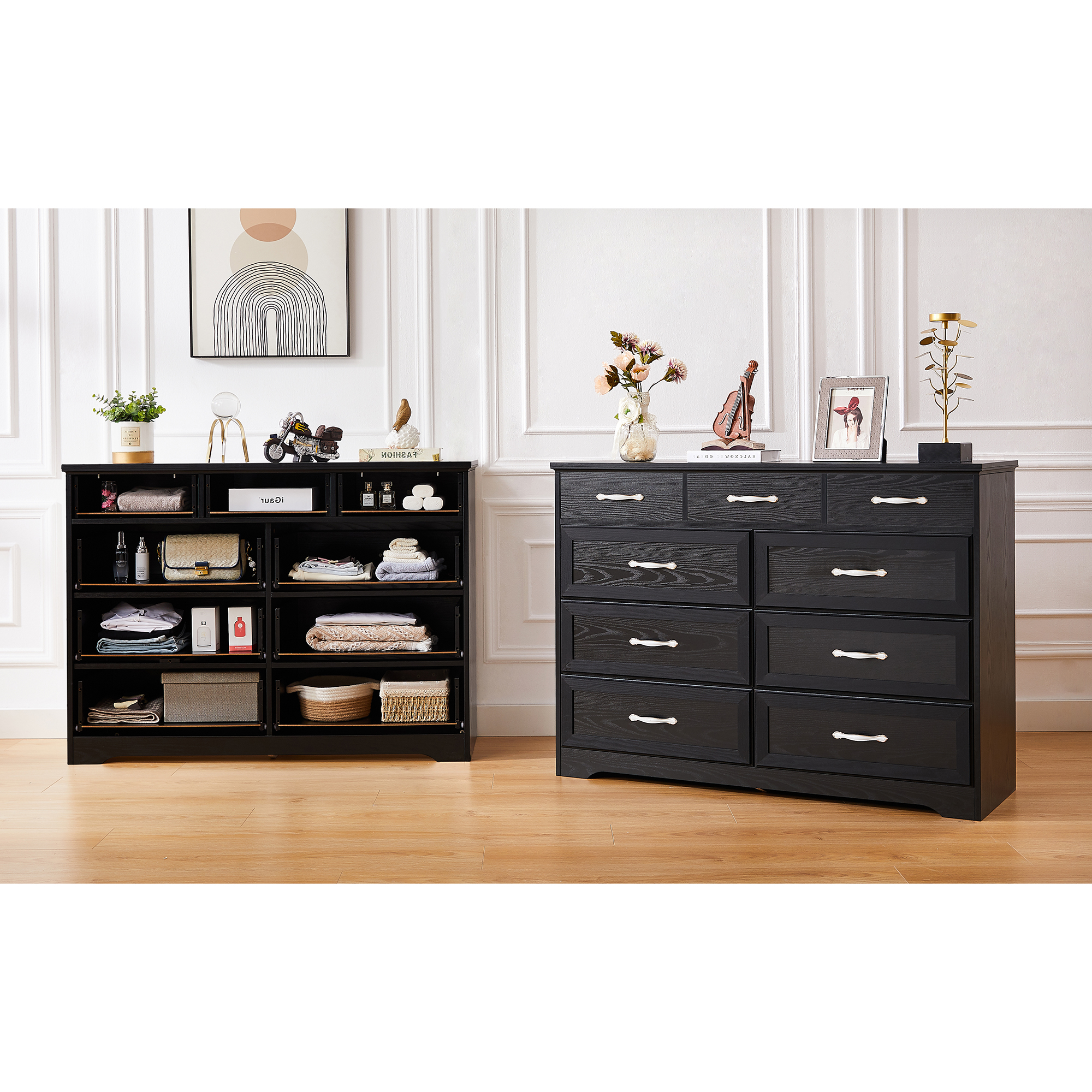 Kadyn 9 Drawer Long Dresser, Nursery Dresser with Antique Handles, Chest Of Drawers for Kids Room, Entry And Hallway, Black