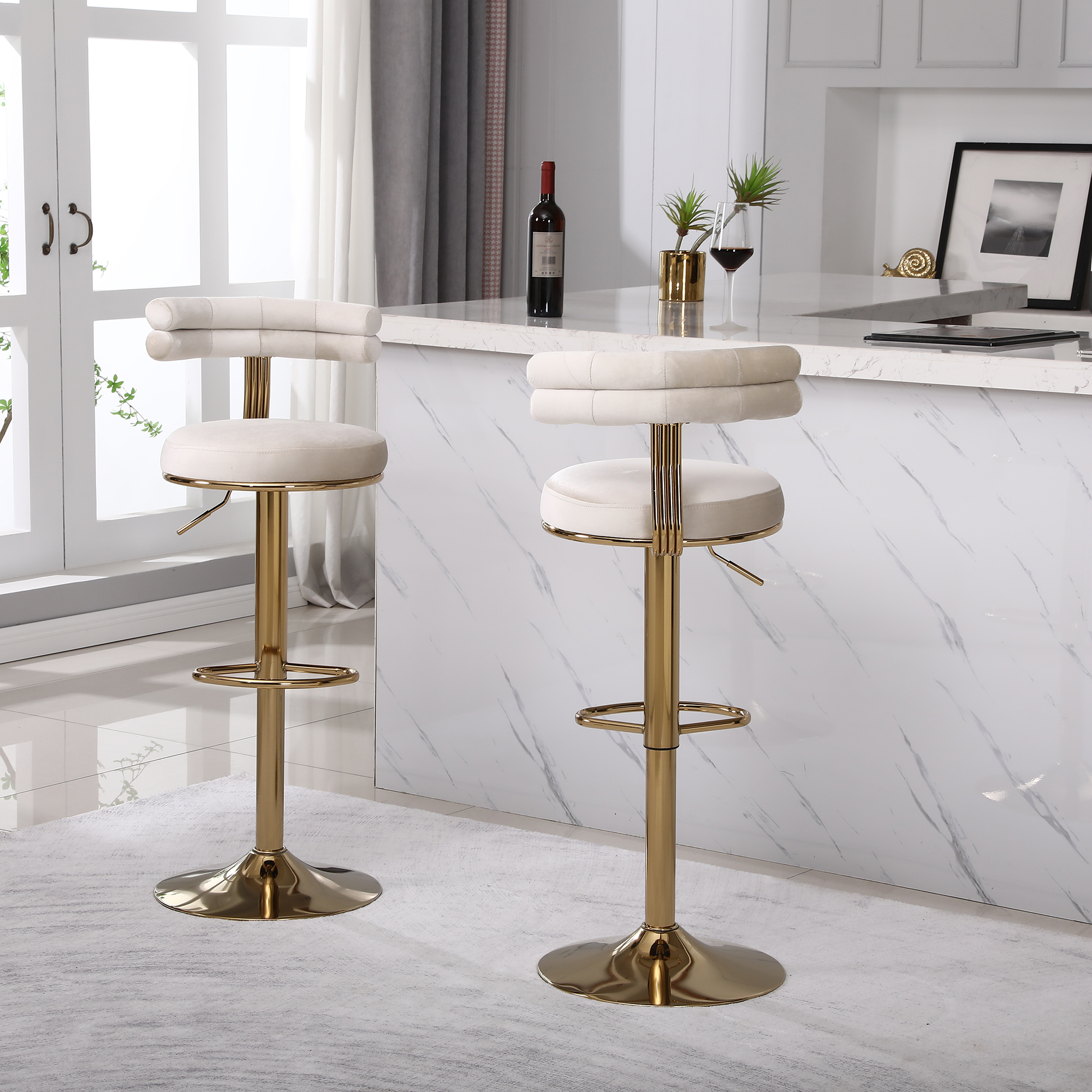 Kadyn 40.55" 2PCS Swivel Bar Stool, Adjustable Counter Height Barstools with Back and Footrest, Modern Beige Bar Chair for Home Counter