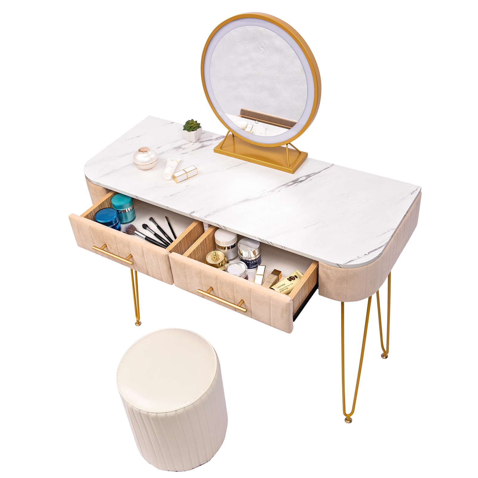 Resenkos Makeup Vanity Desk with Round Mirror and LED Lights for Bedroom, 40" Dressing Table Dresser Stool