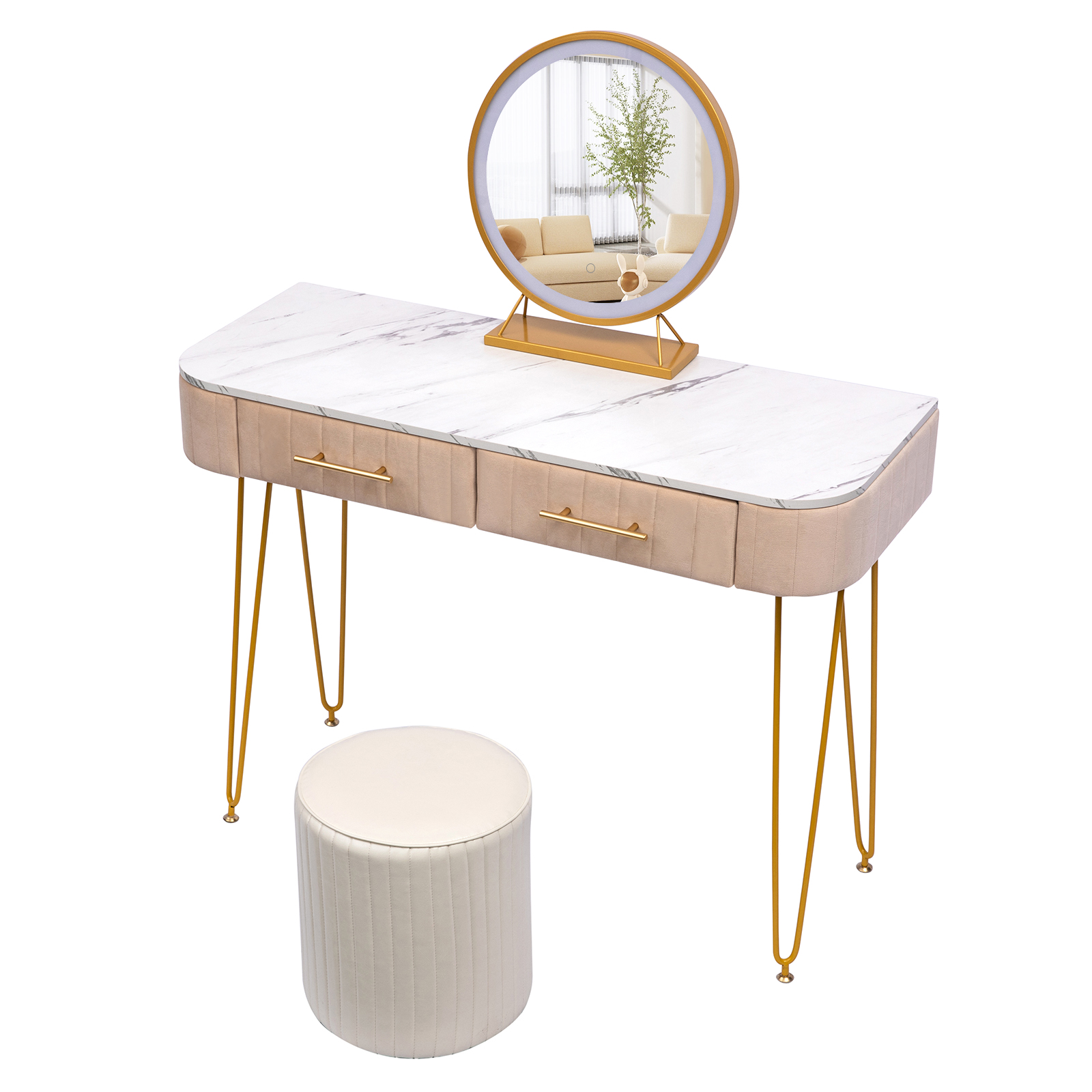 Resenkos Makeup Vanity Desk with Round Mirror and LED Lights for Bedroom, 40" Dressing Table Dresser Stool