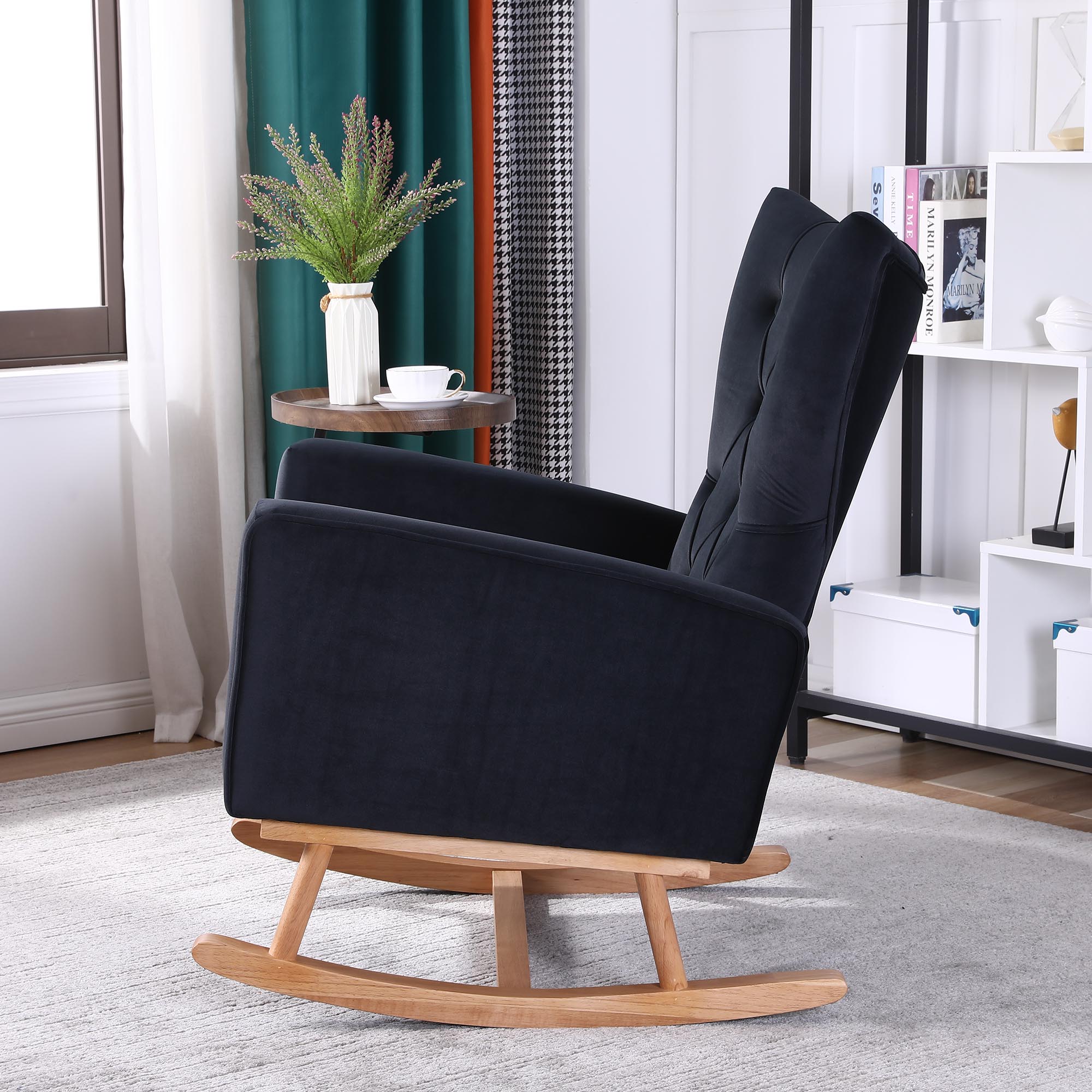 Resenkos Modern Velvet Rocking Chair Nursery with High Backrest, Living Room Accent Chair Armchair, Black