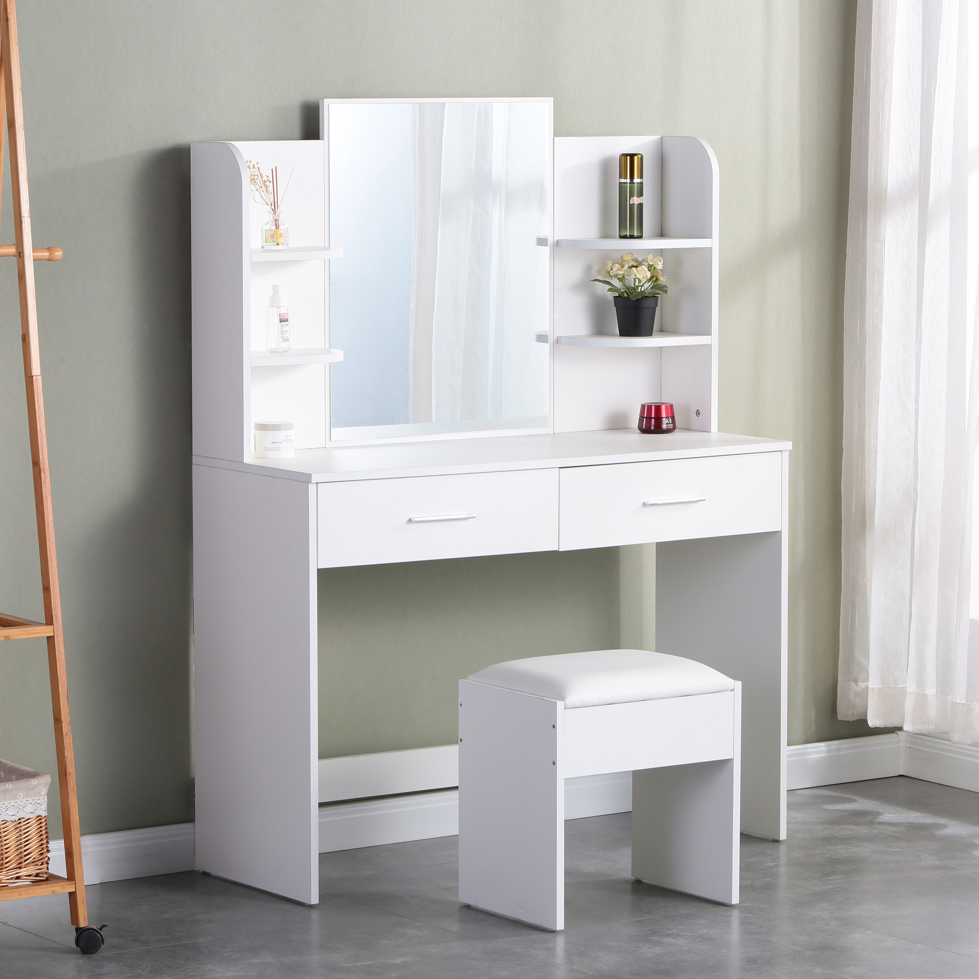 Spaco Small Makeup Vanity Desk with Mirror and Light Makeup Vanity, White Vanity