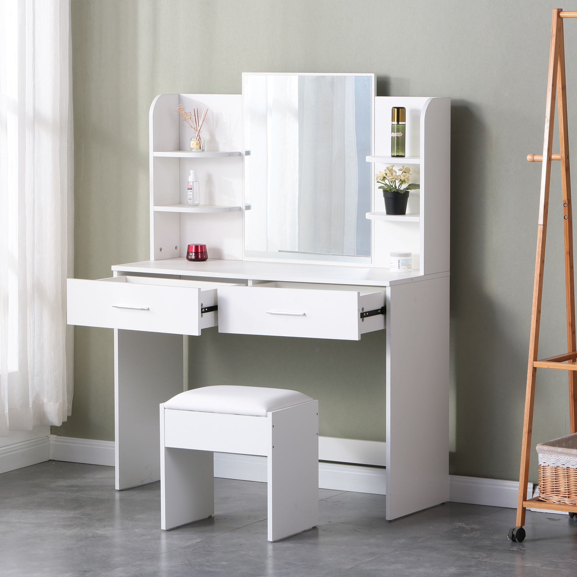 Spaco Small Makeup Vanity Desk with Mirror and Light Makeup Vanity, White Vanity