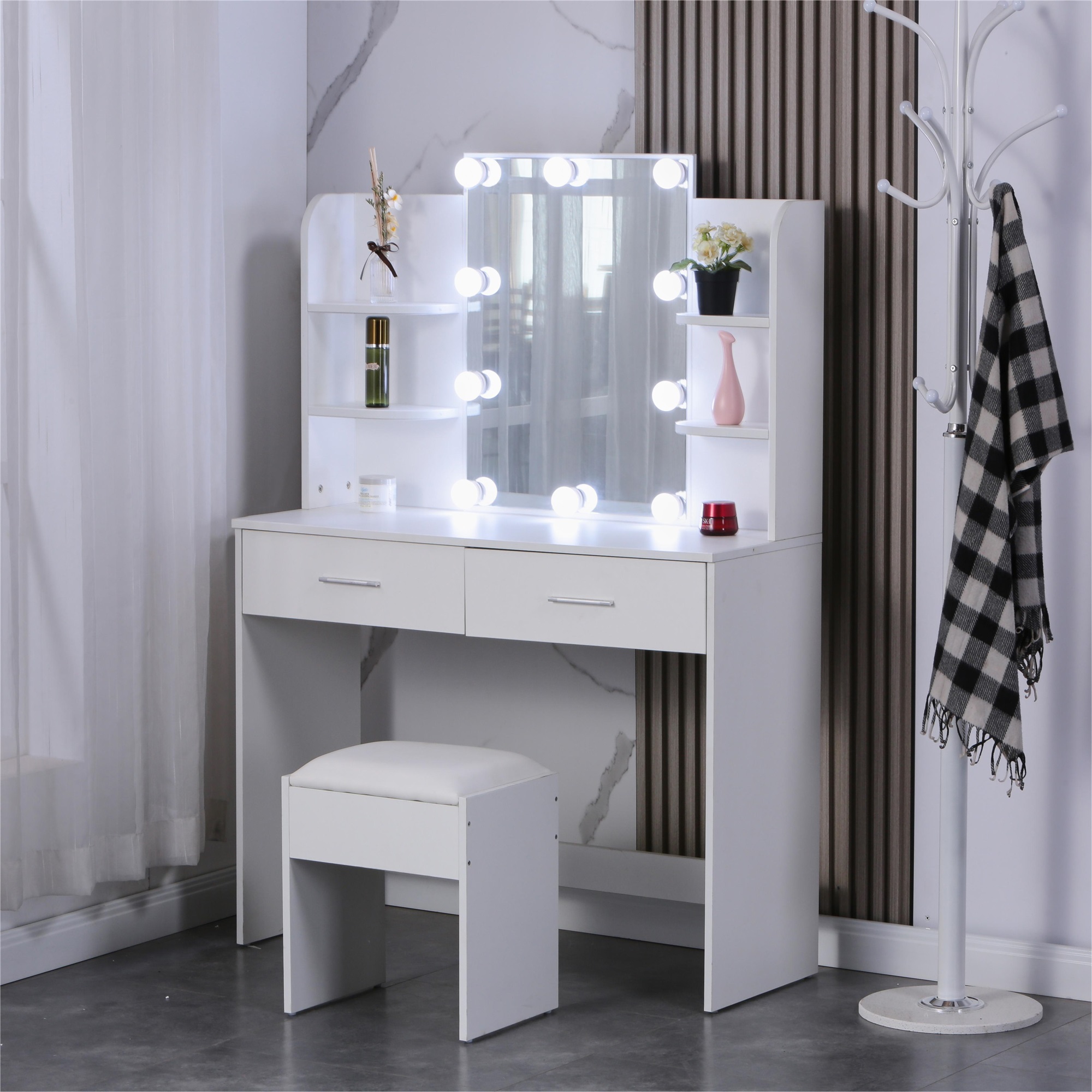 Spaco Small Makeup Vanity Desk with Mirror and Light Makeup Vanity, White Vanity