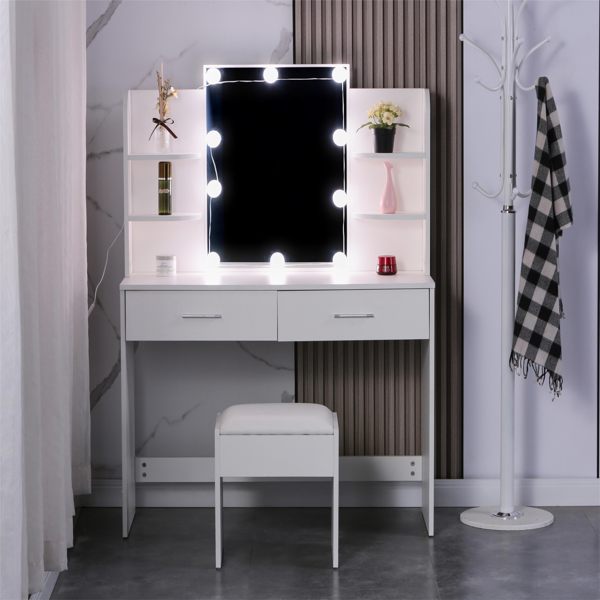 Spaco Small Makeup Vanity Desk with Mirror and Light Makeup Vanity, White Vanity