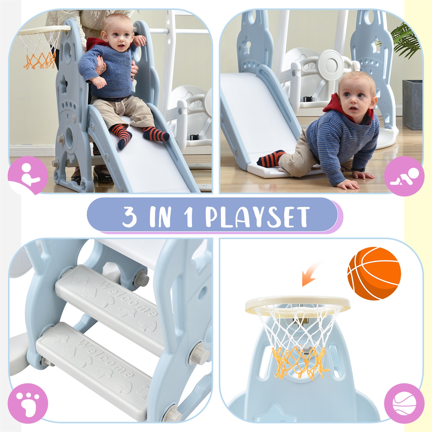 CIPACHO Slide and Swing Set for Toddler, Kids Playground Swing Playset with Basketball Hoop, Baby Blue